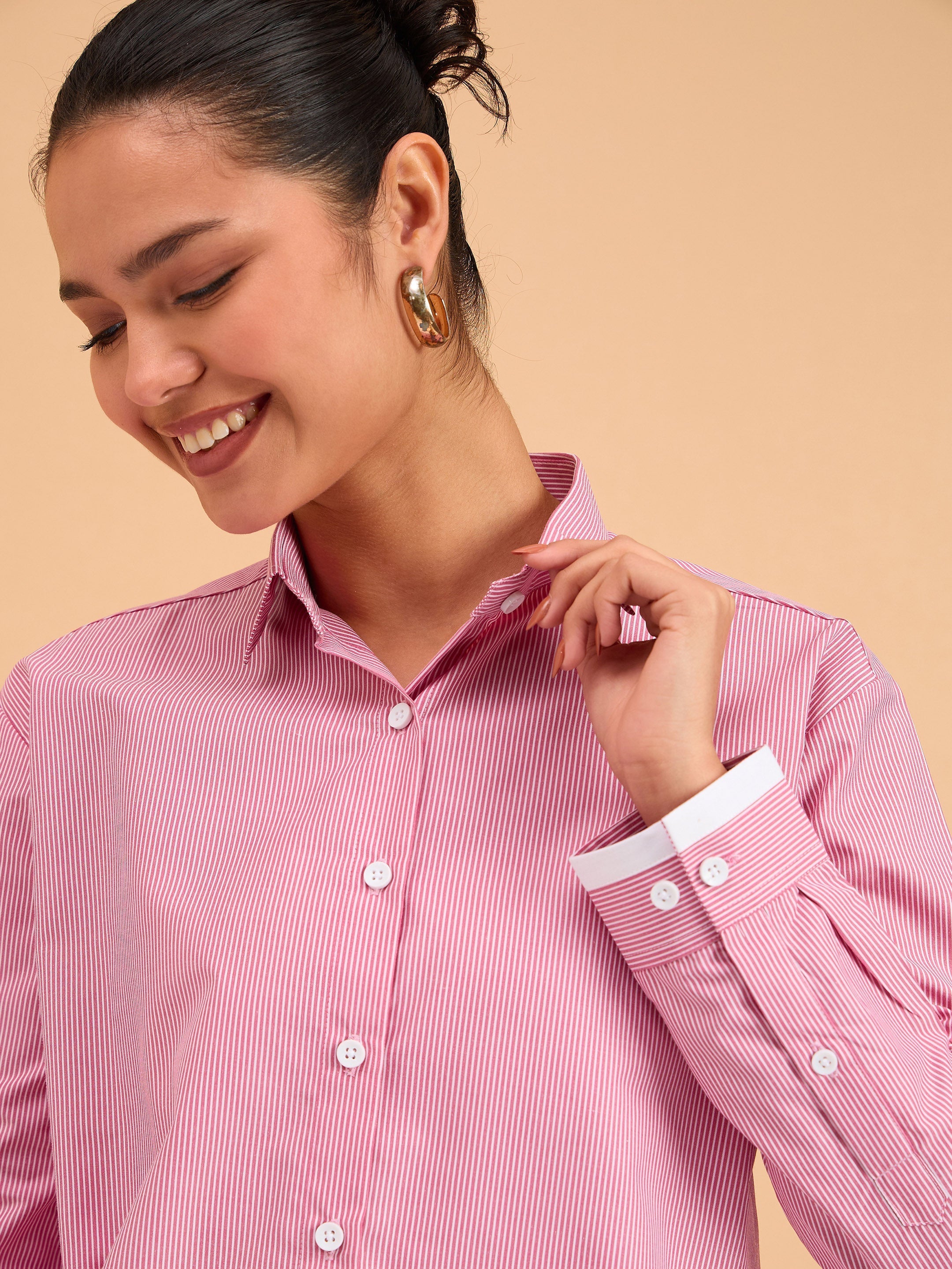 Women's Fuchsia Striped Roll Up Sleeves Shirt