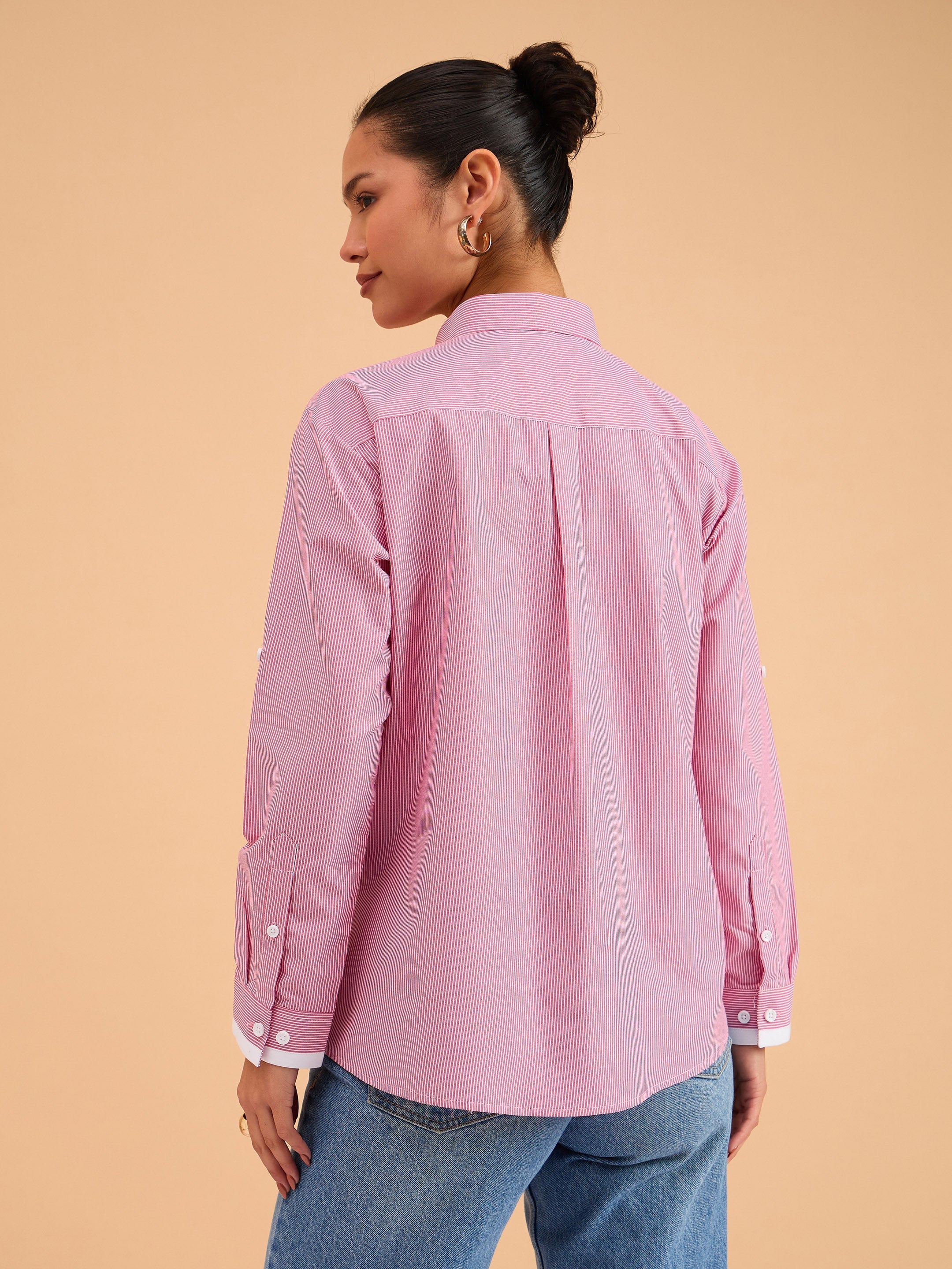 Women's Fuchsia Striped Roll Up Sleeves Shirt