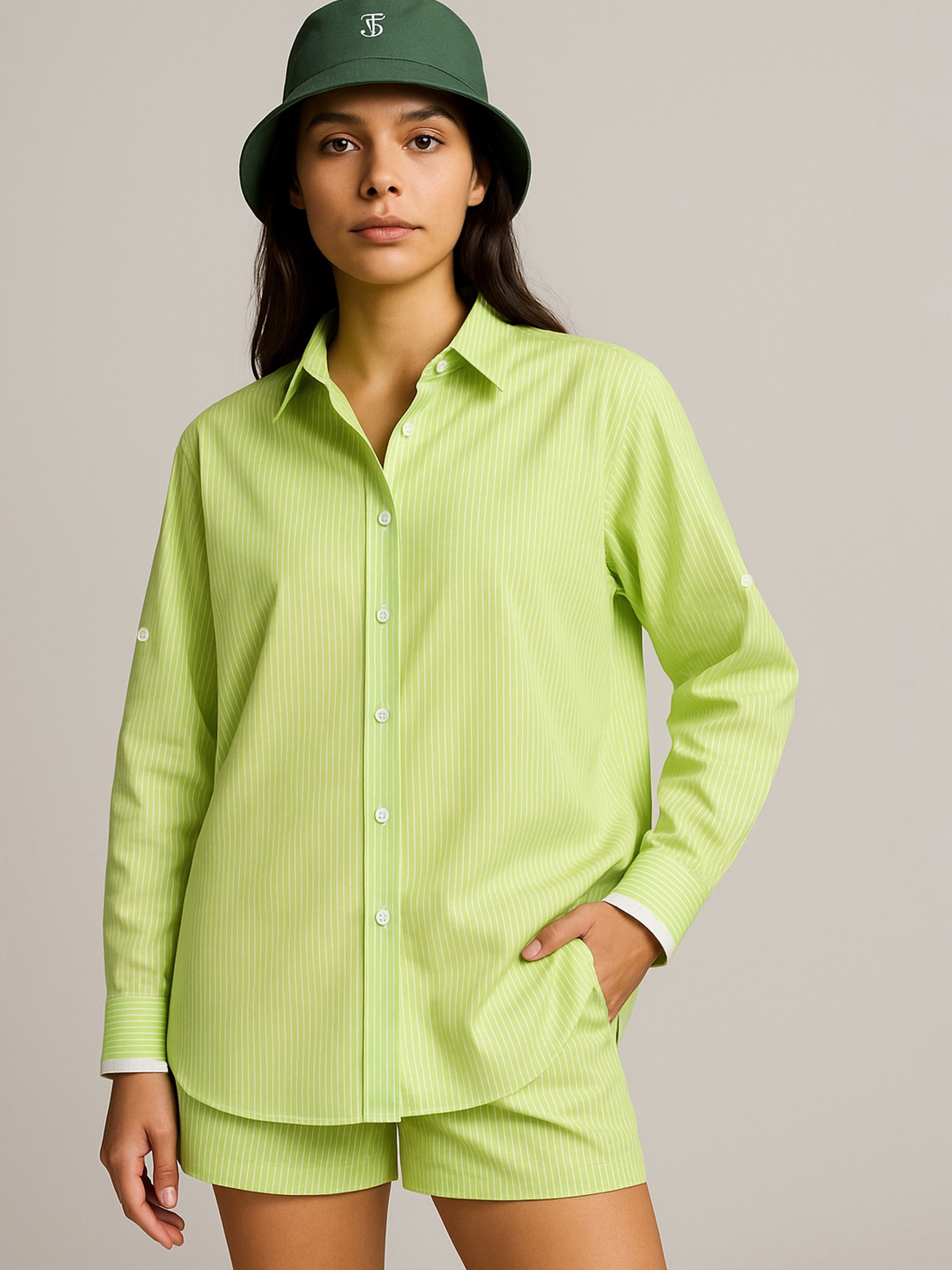 Women's Green Striped Roll Up Sleeves Shirt