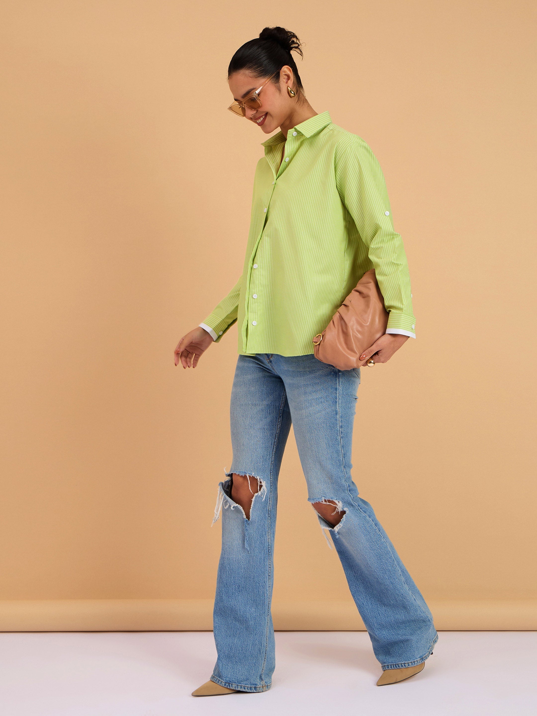Women's Green Striped Roll Up Sleeves Shirt