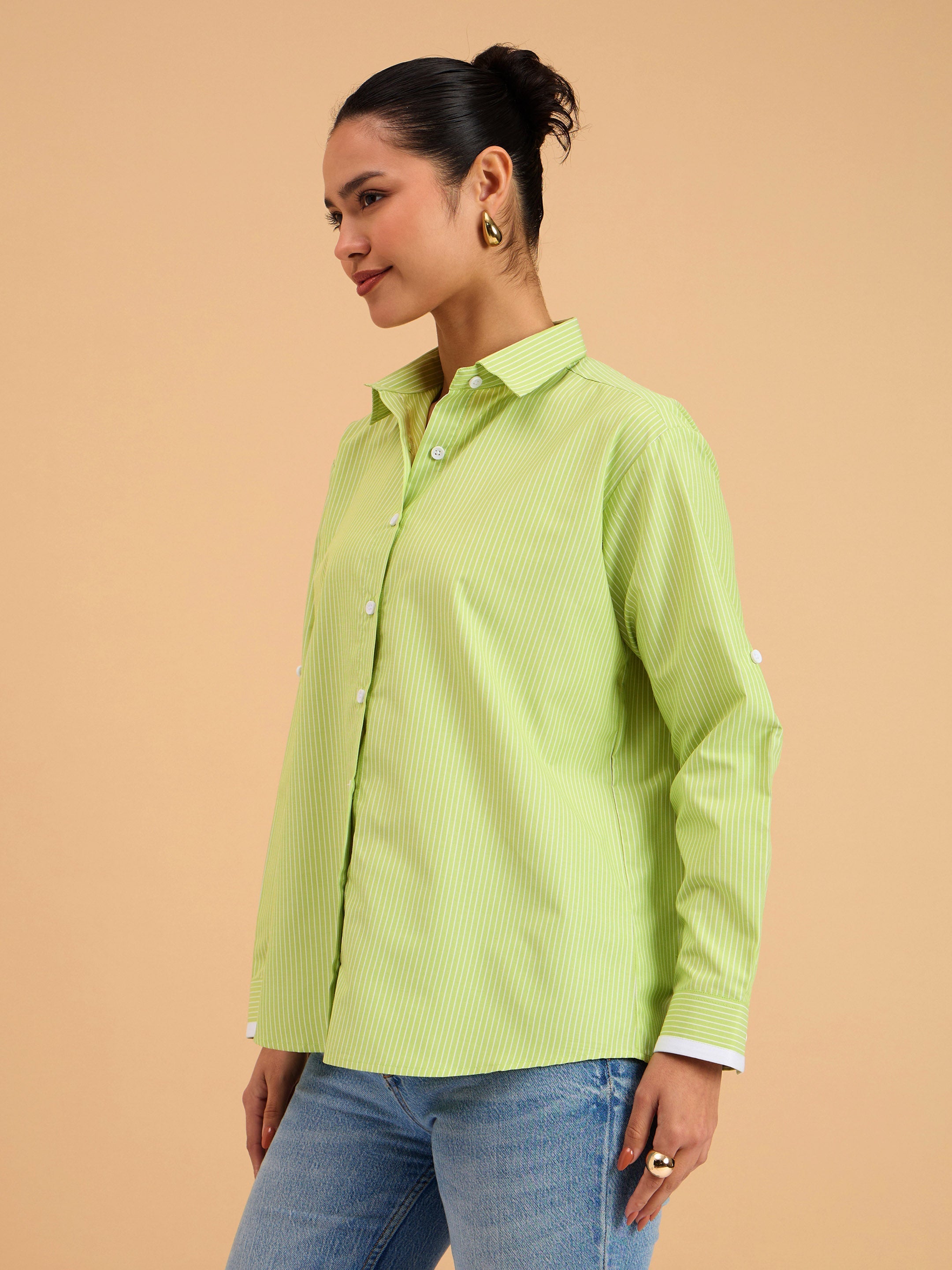 Women's Green Striped Roll Up Sleeves Shirt