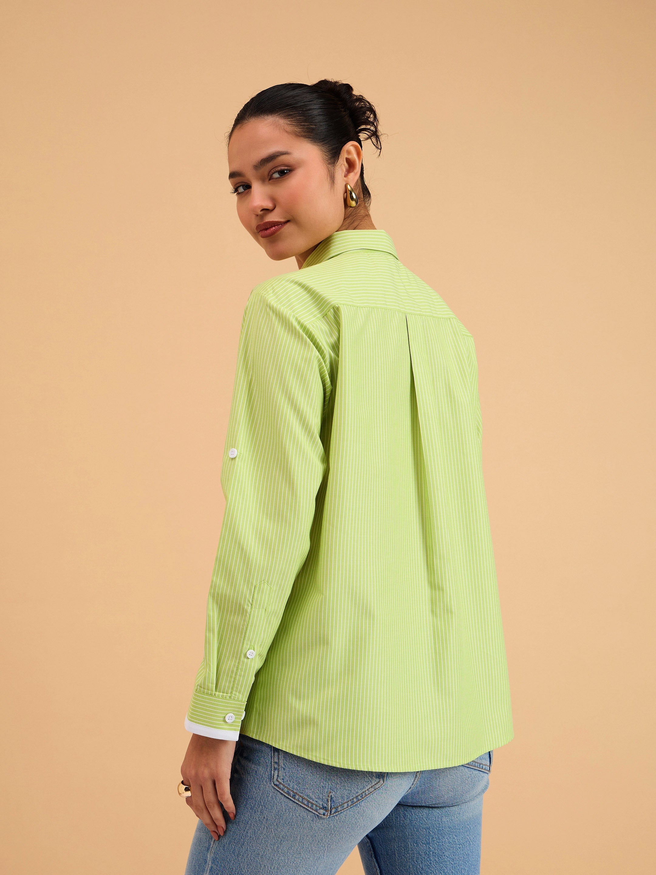 Women's Green Striped Roll Up Sleeves Shirt