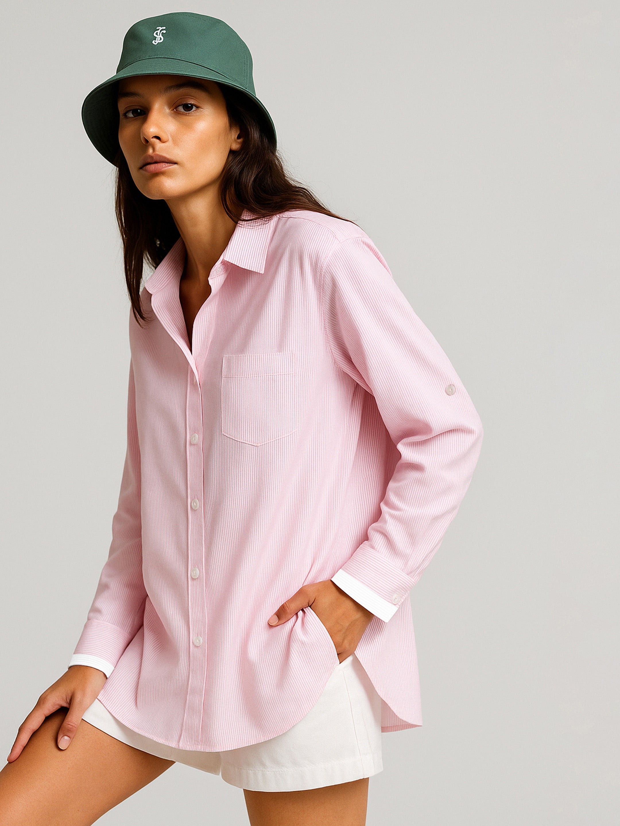 Women's Pink Striped Roll Up Sleeves Shirt