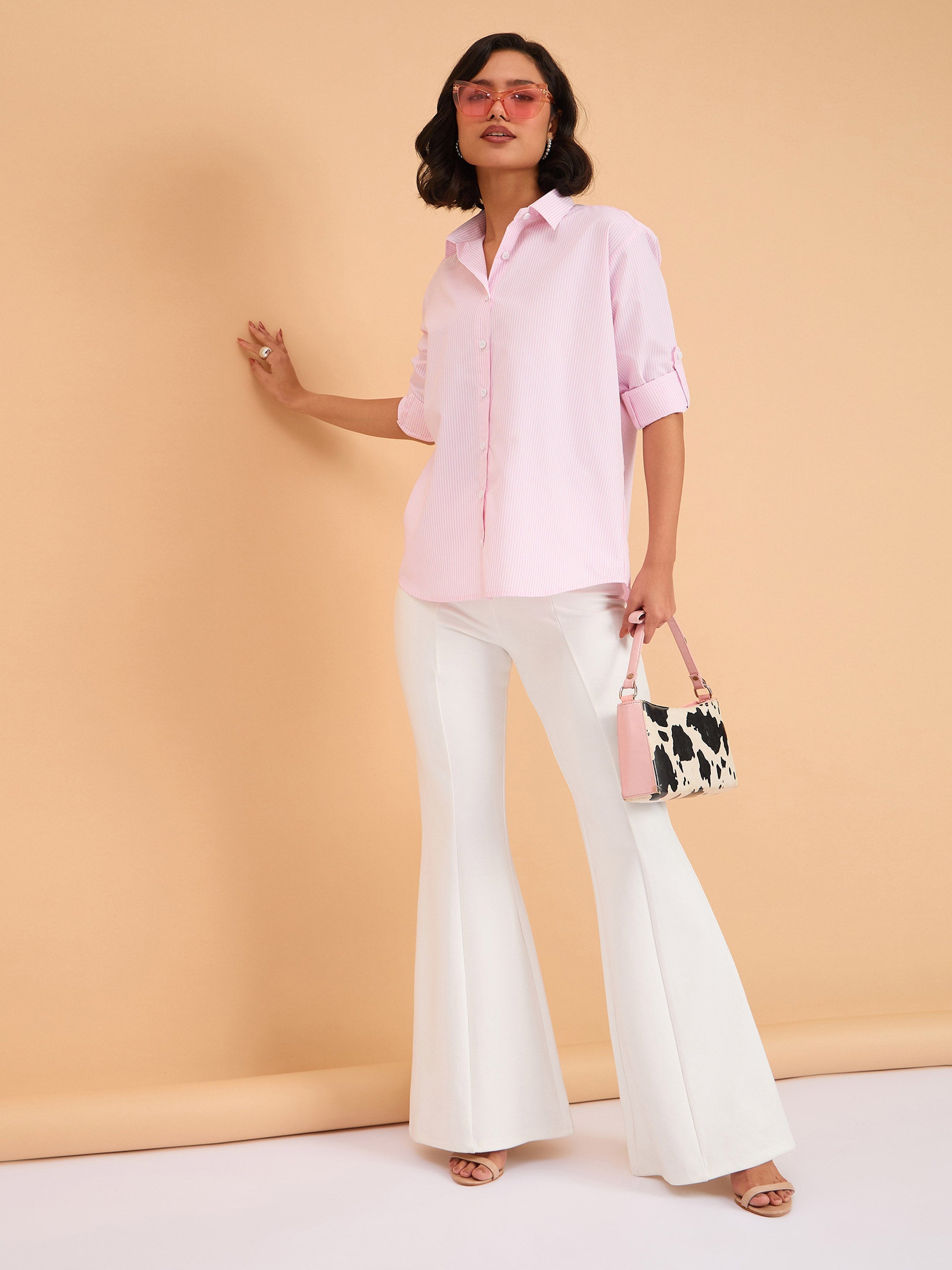 Women's Pink Striped Roll Up Sleeves Shirt