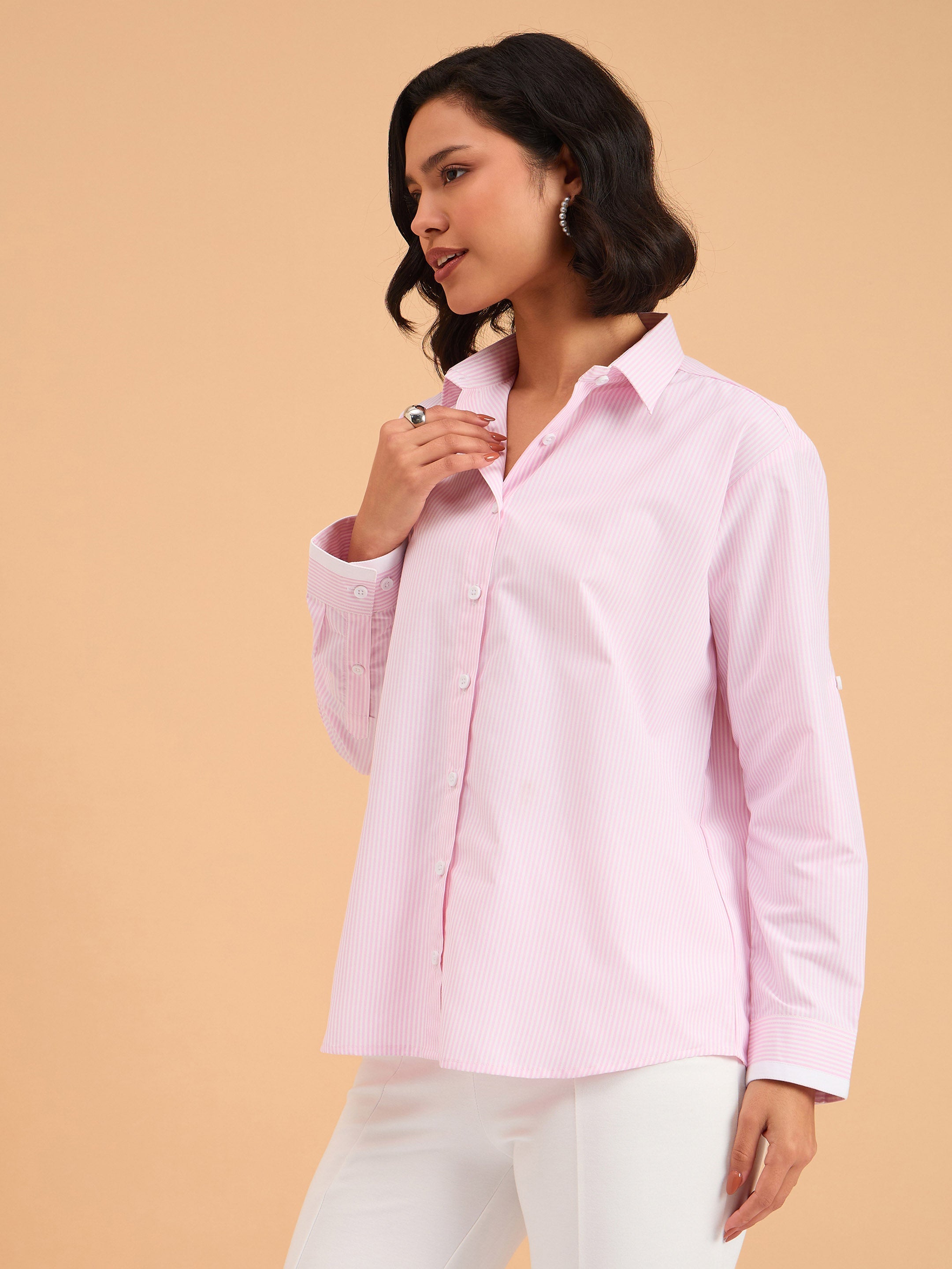 Women's Pink Striped Roll Up Sleeves Shirt