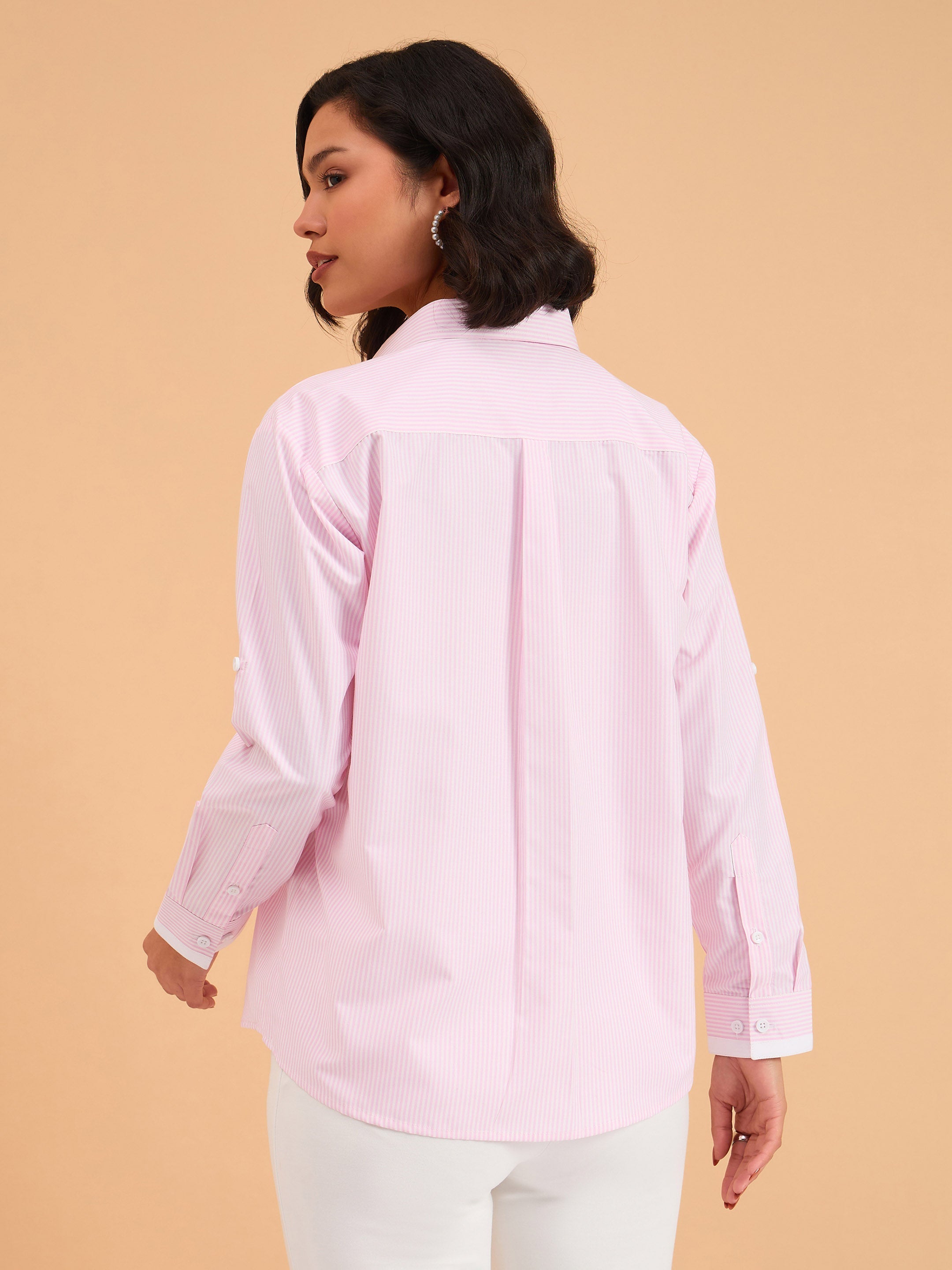 Women's Pink Striped Roll Up Sleeves Shirt