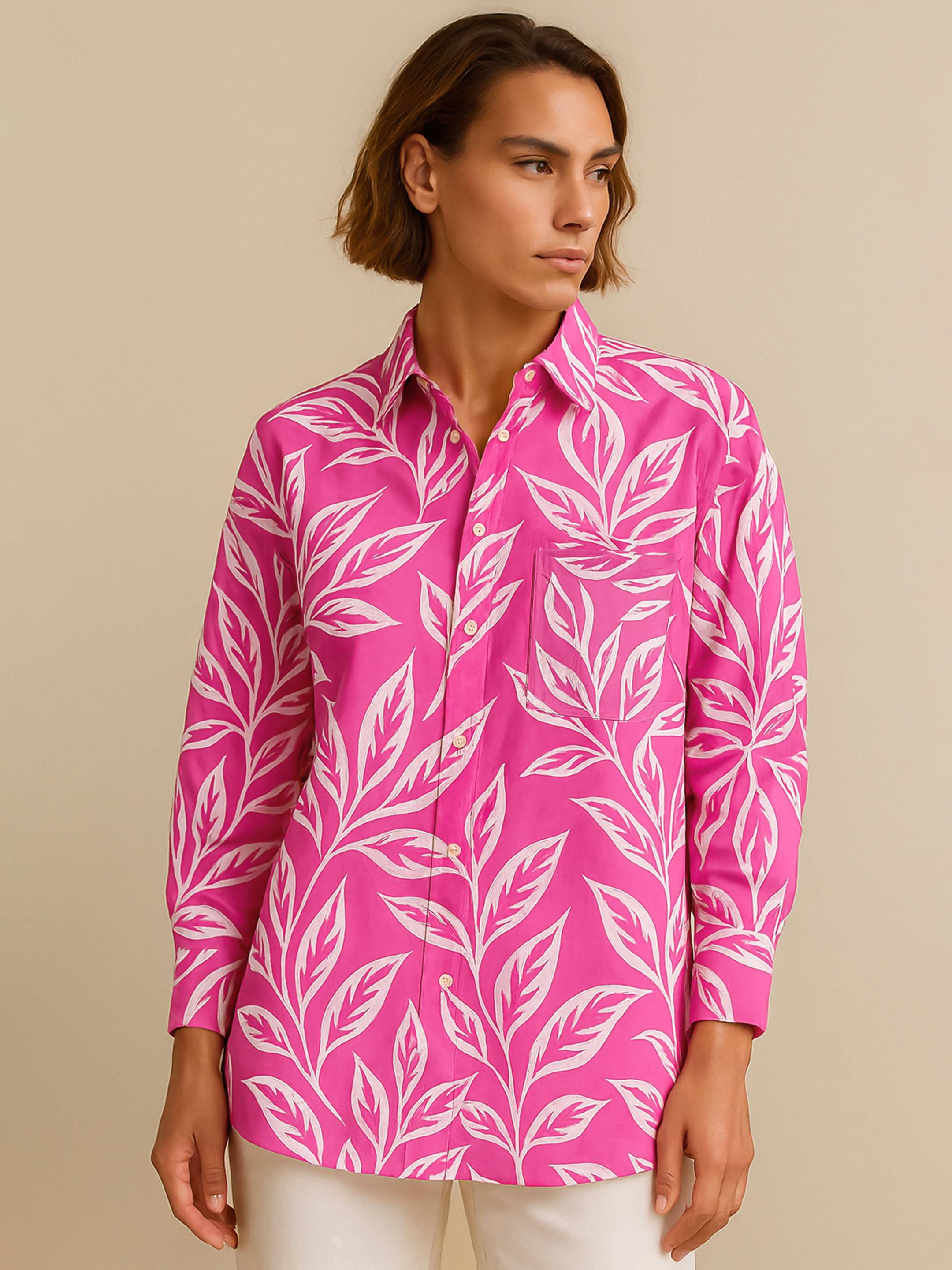 Women's Fuchsia Tropical Floral Oversized Shirt