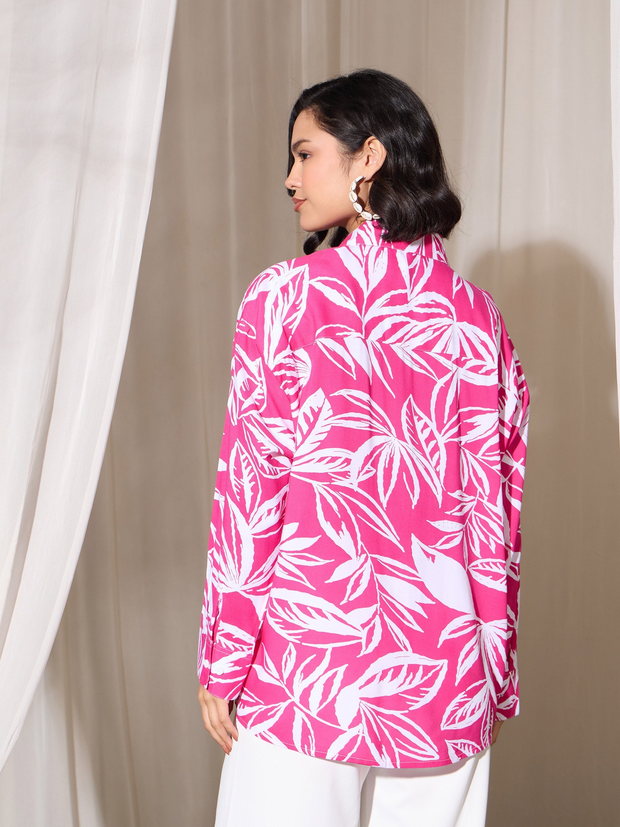 Women's Fuchsia Tropical Floral Oversized Shirt