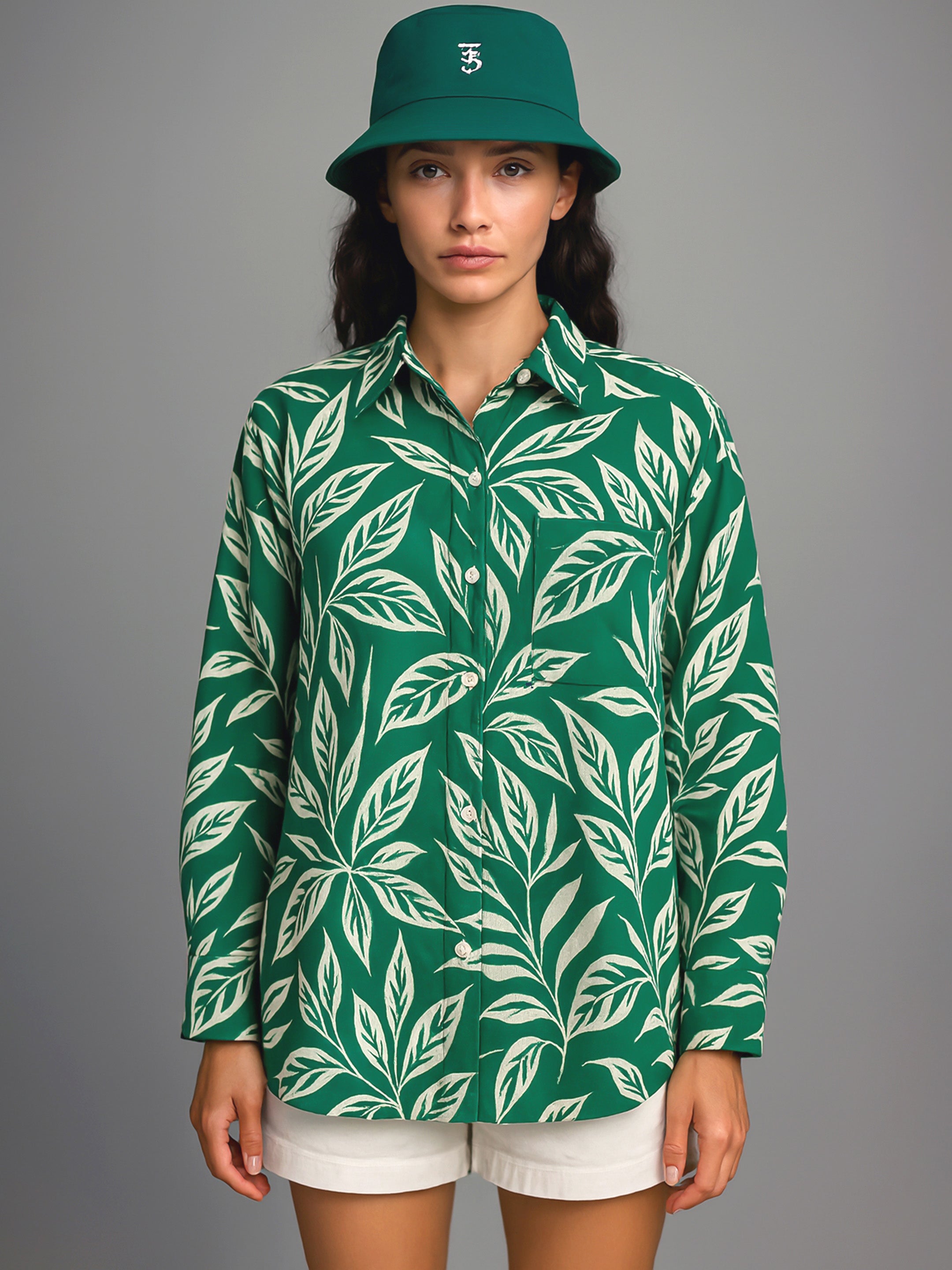 Women's Green Tropical Floral Oversized Shirt