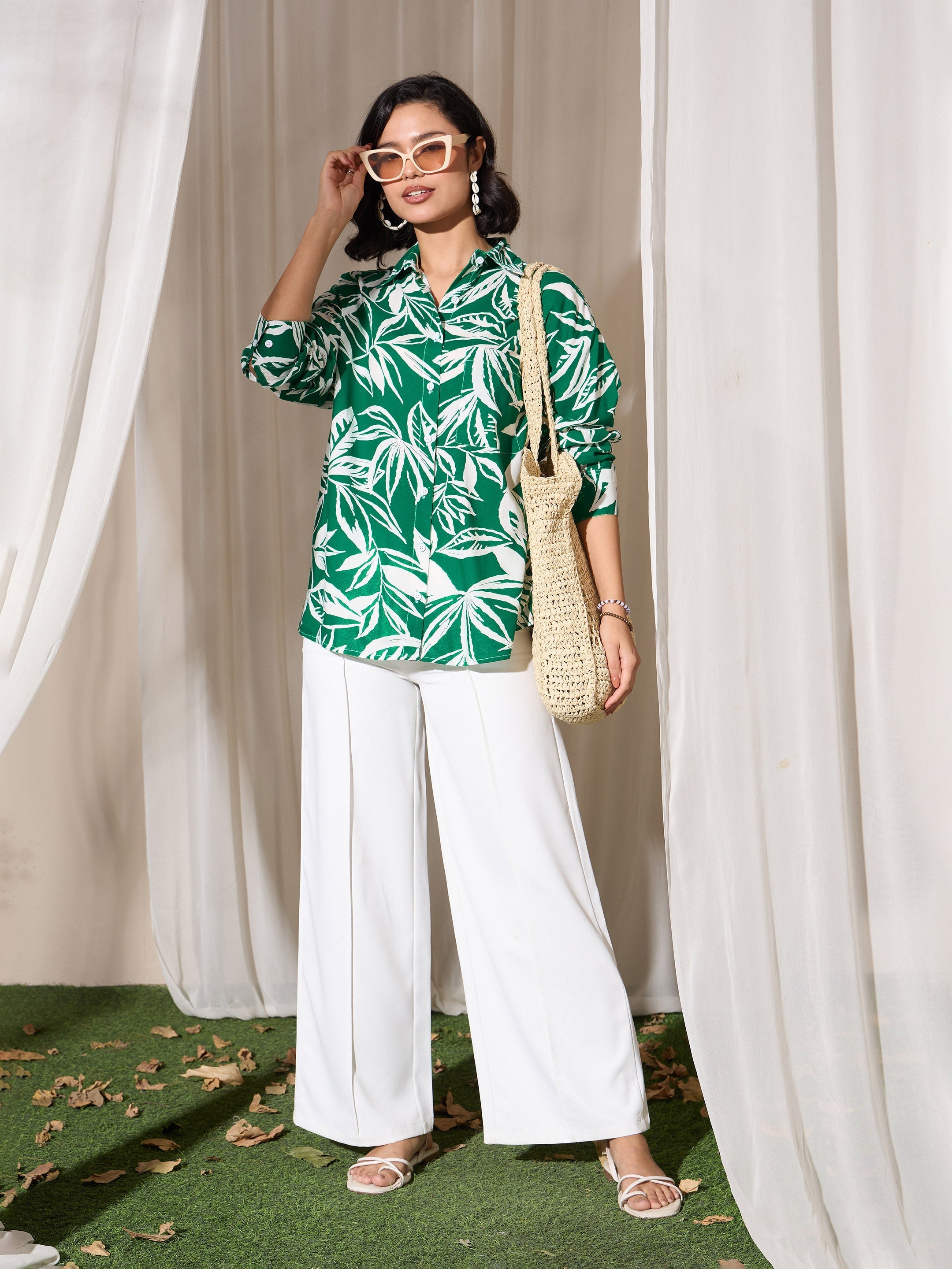 Women's Green Tropical Floral Oversized Shirt