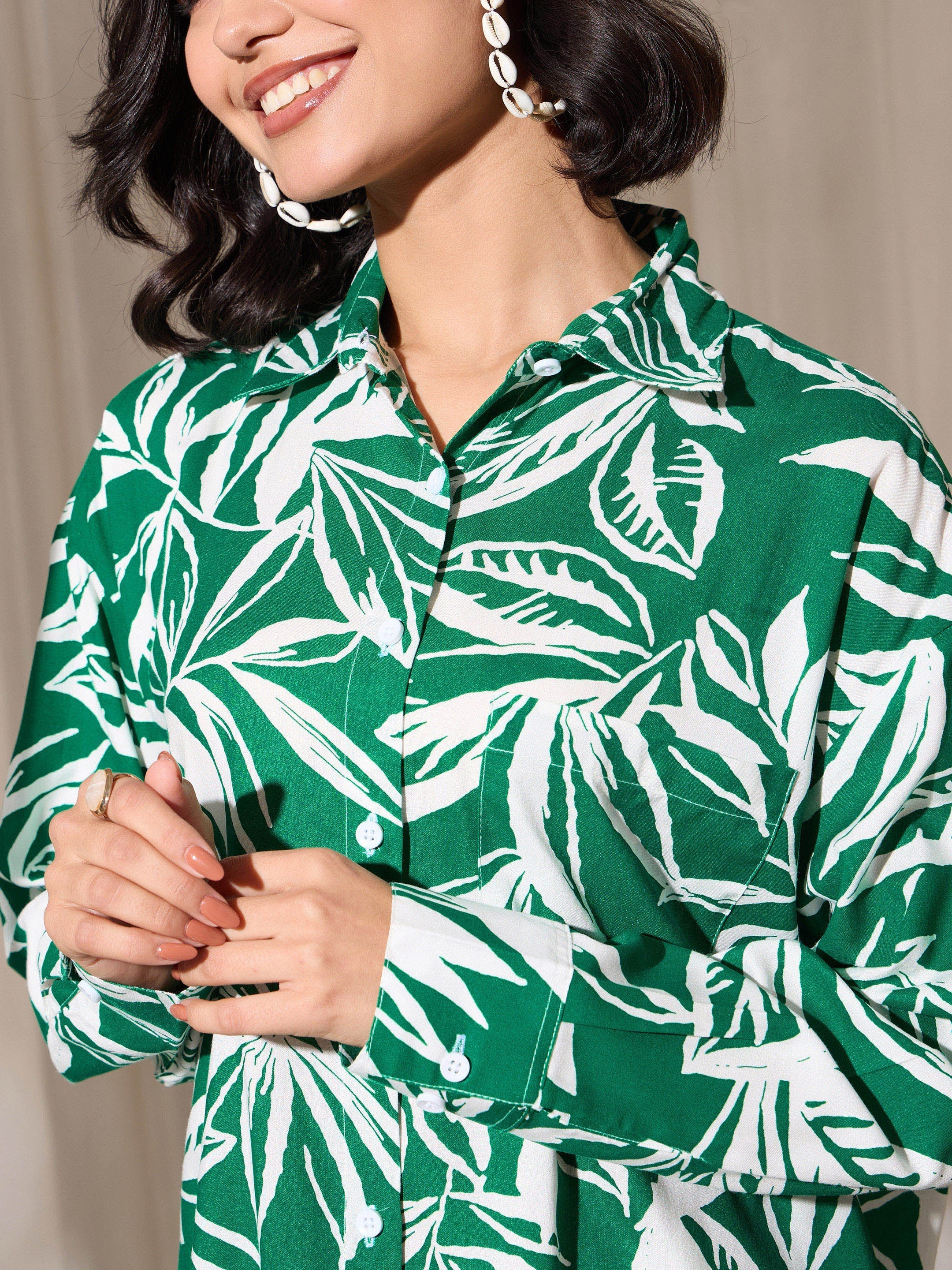 Women's Green Tropical Floral Oversized Shirt