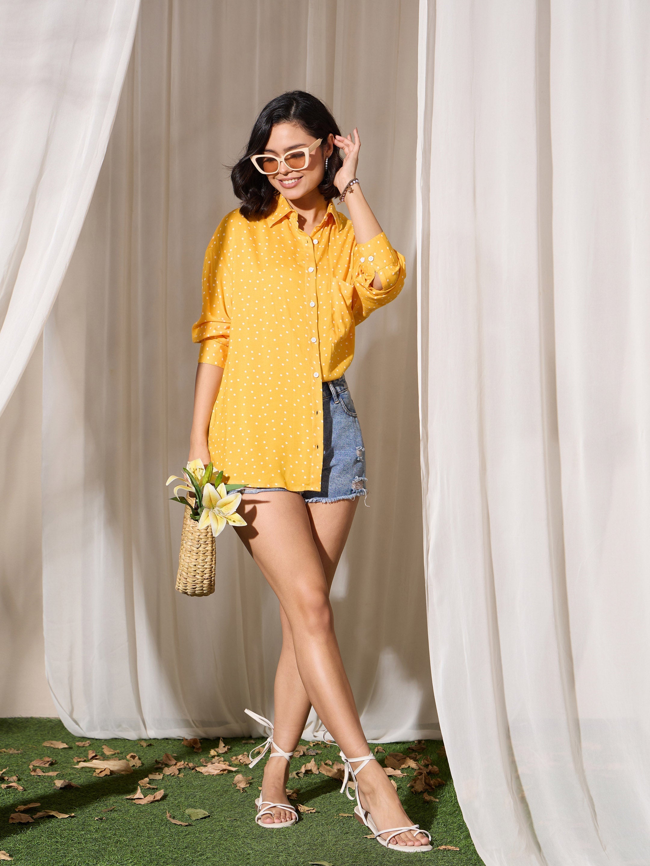 Women's Yellow Pin Polka Dot Oversized Shirt