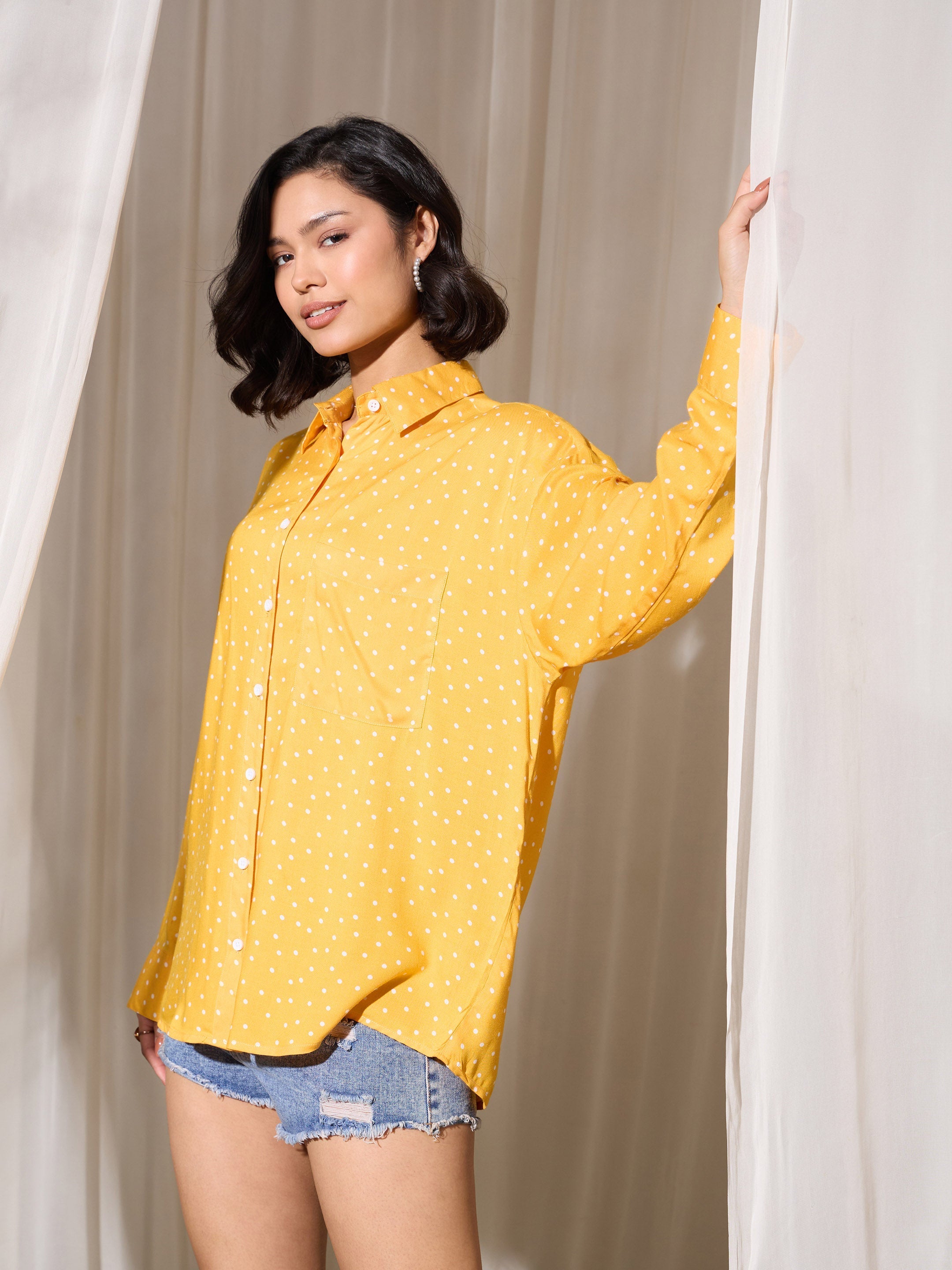 Women's Yellow Pin Polka Dot Oversized Shirt