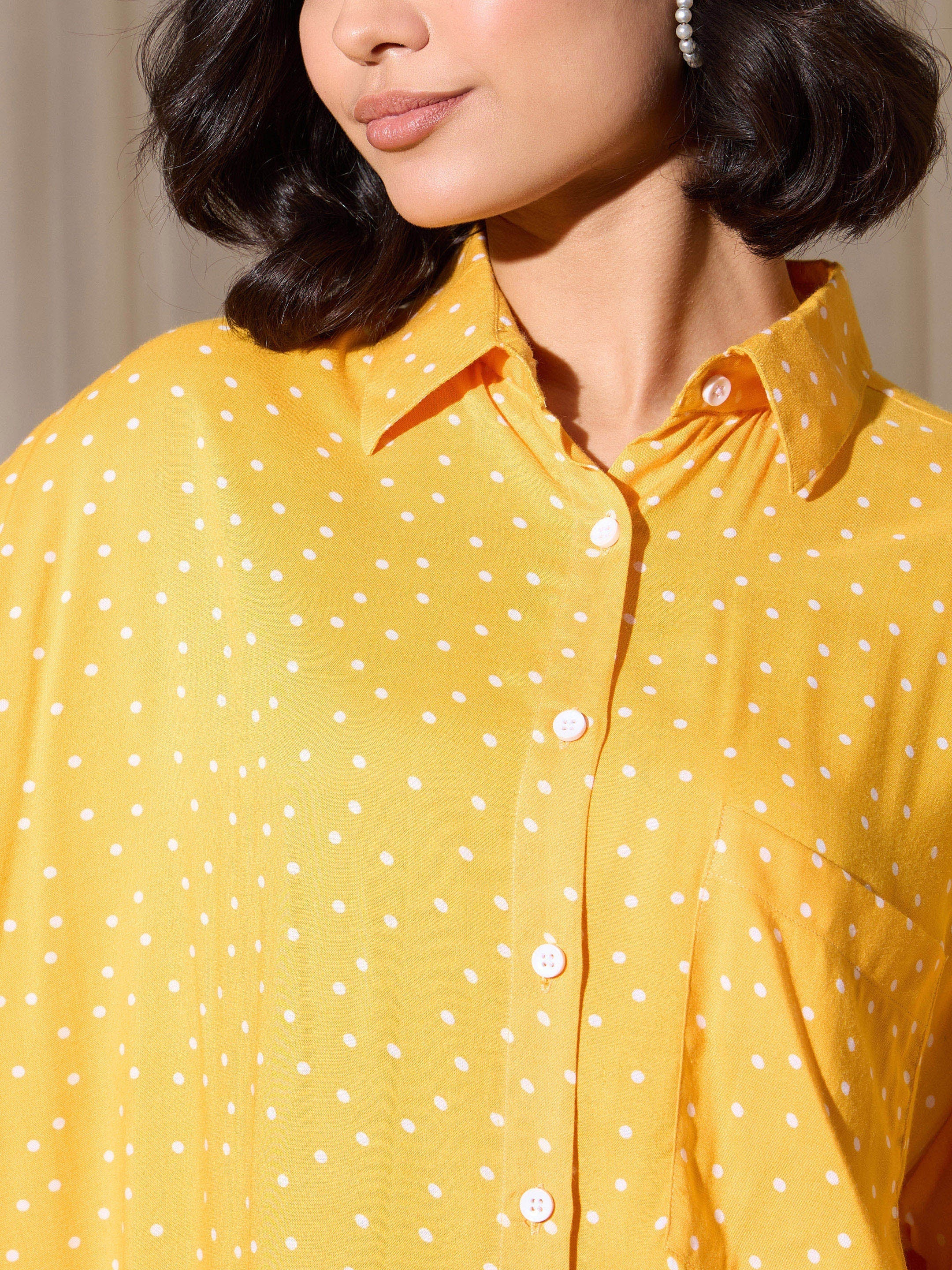 Women's Yellow Pin Polka Dot Oversized Shirt