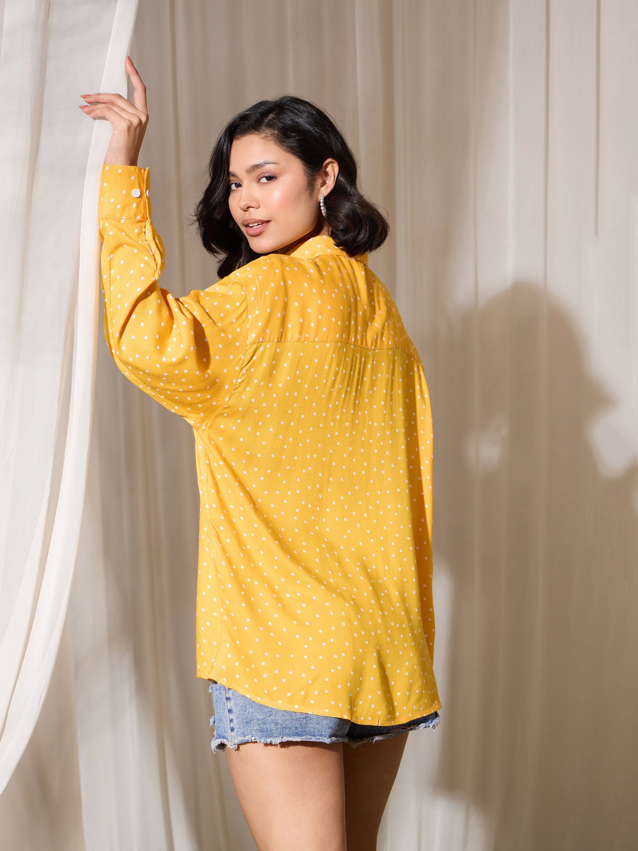 Women's Yellow Pin Polka Dot Oversized Shirt
