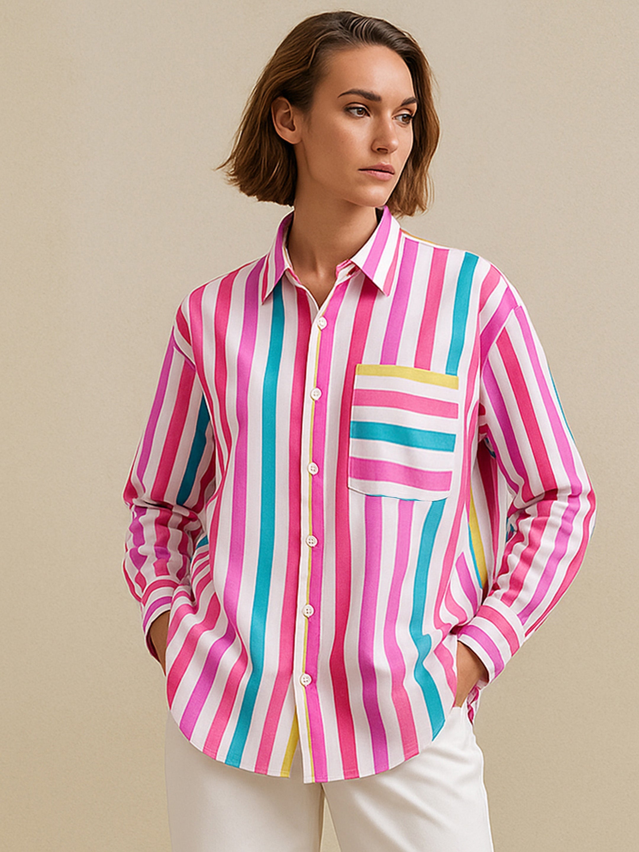 Women's Pink Multi Stripes Pocket Detail Oversized Shirt