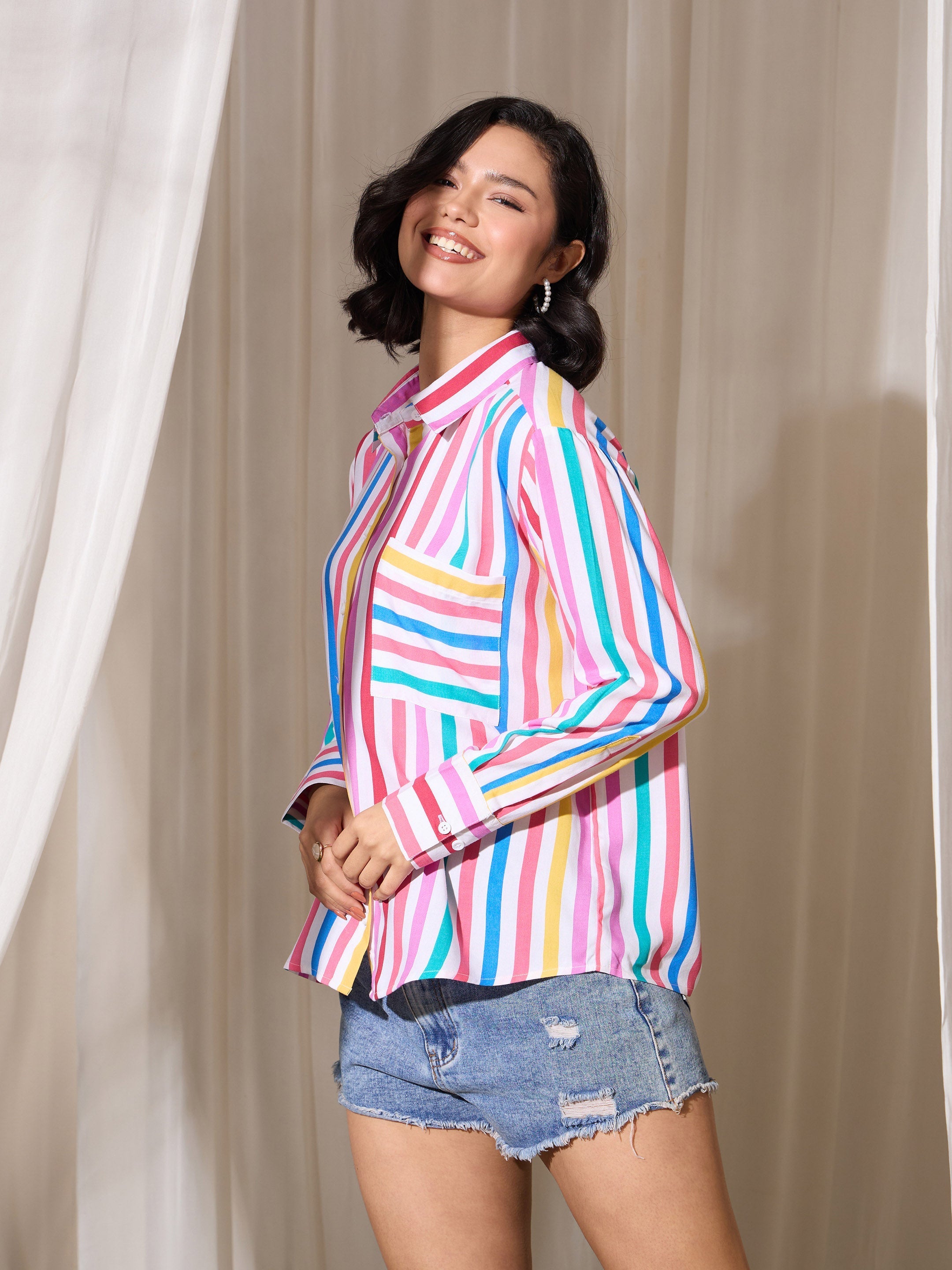 Women's Pink Multi Stripes Pocket Detail Oversized Shirt