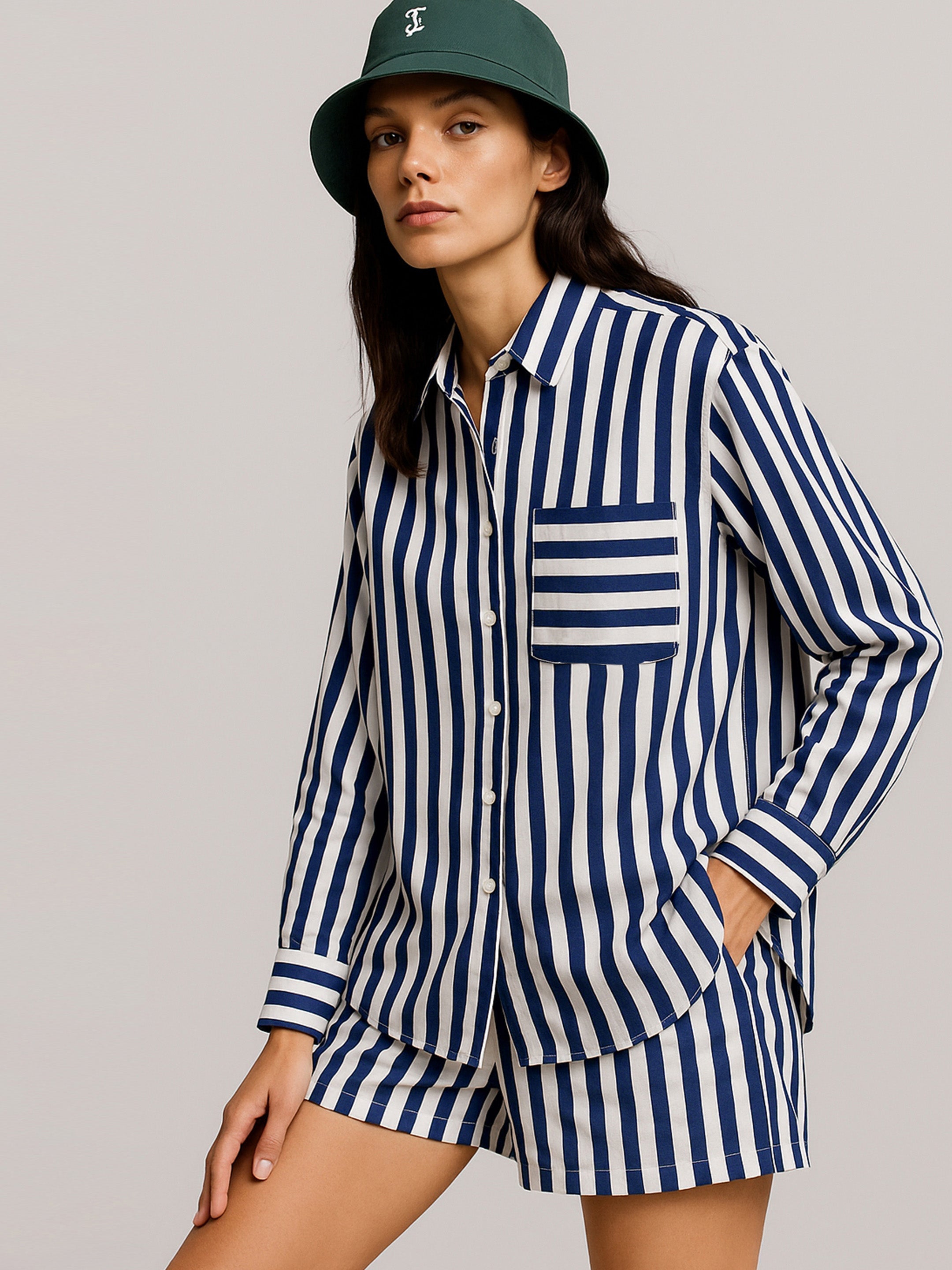 Women's Navy Stripes Pocket Detail Oversized Shirt