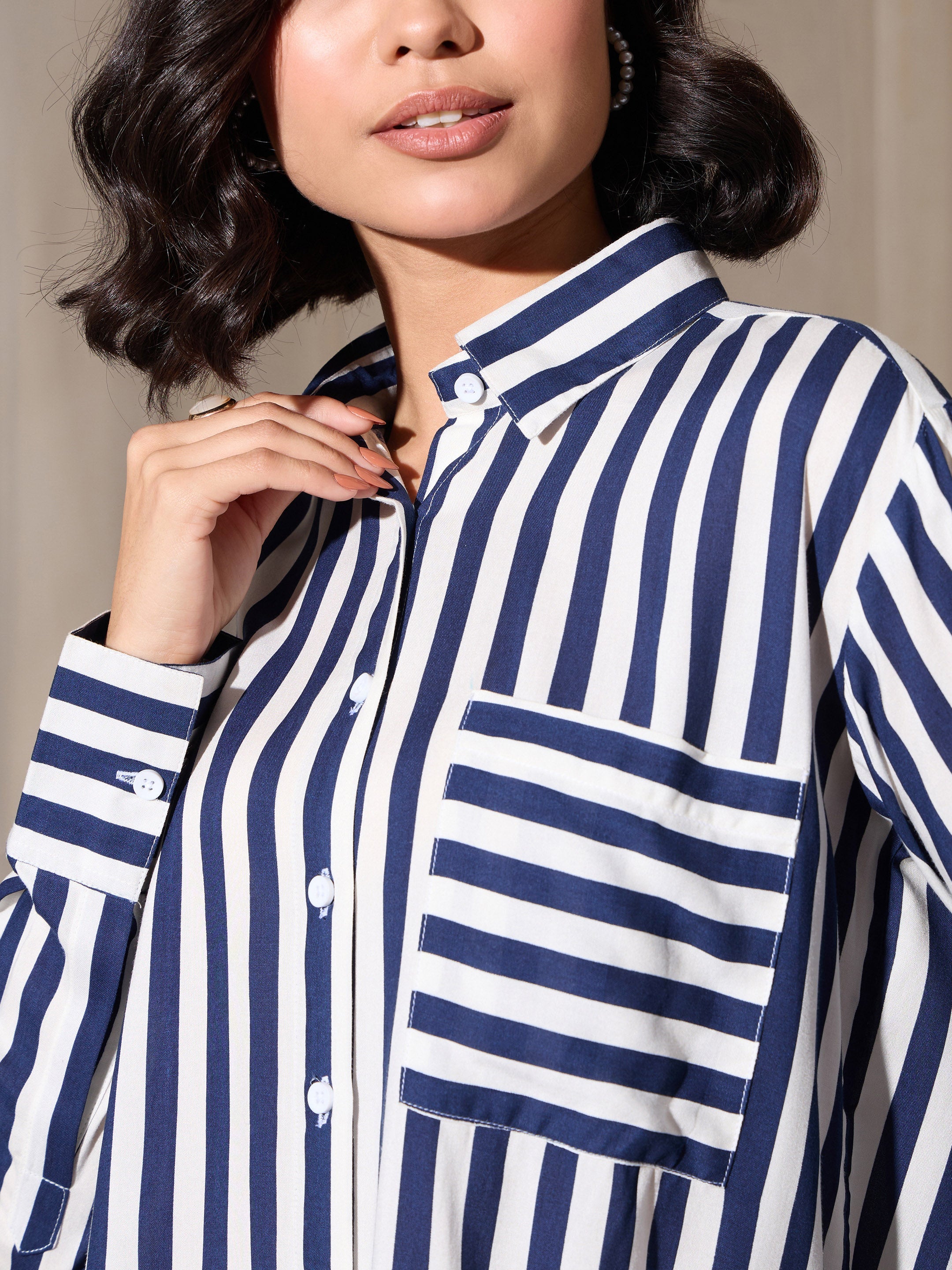 Women's Navy Stripes Pocket Detail Oversized Shirt