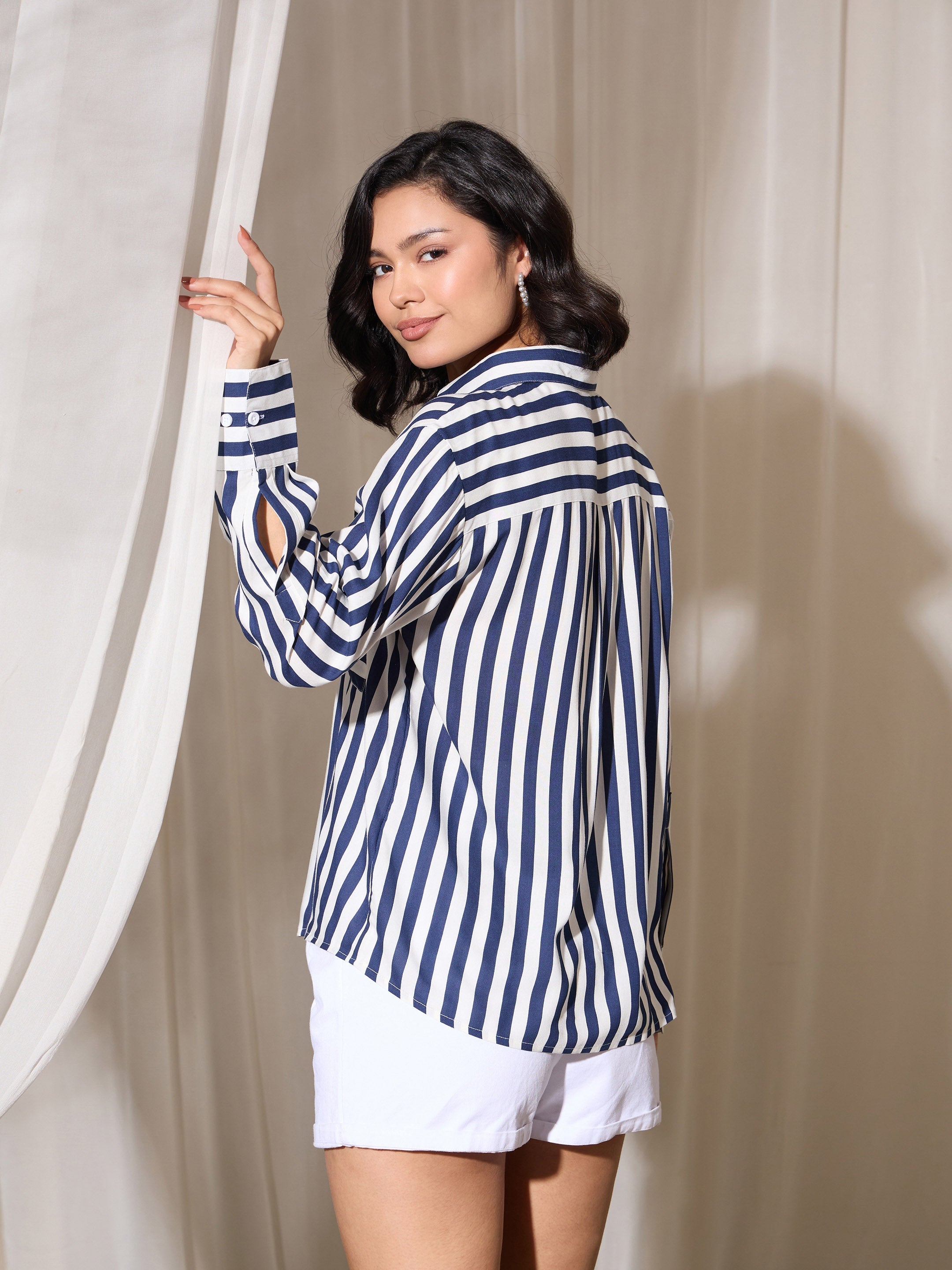 Women's Navy Stripes Pocket Detail Oversized Shirt