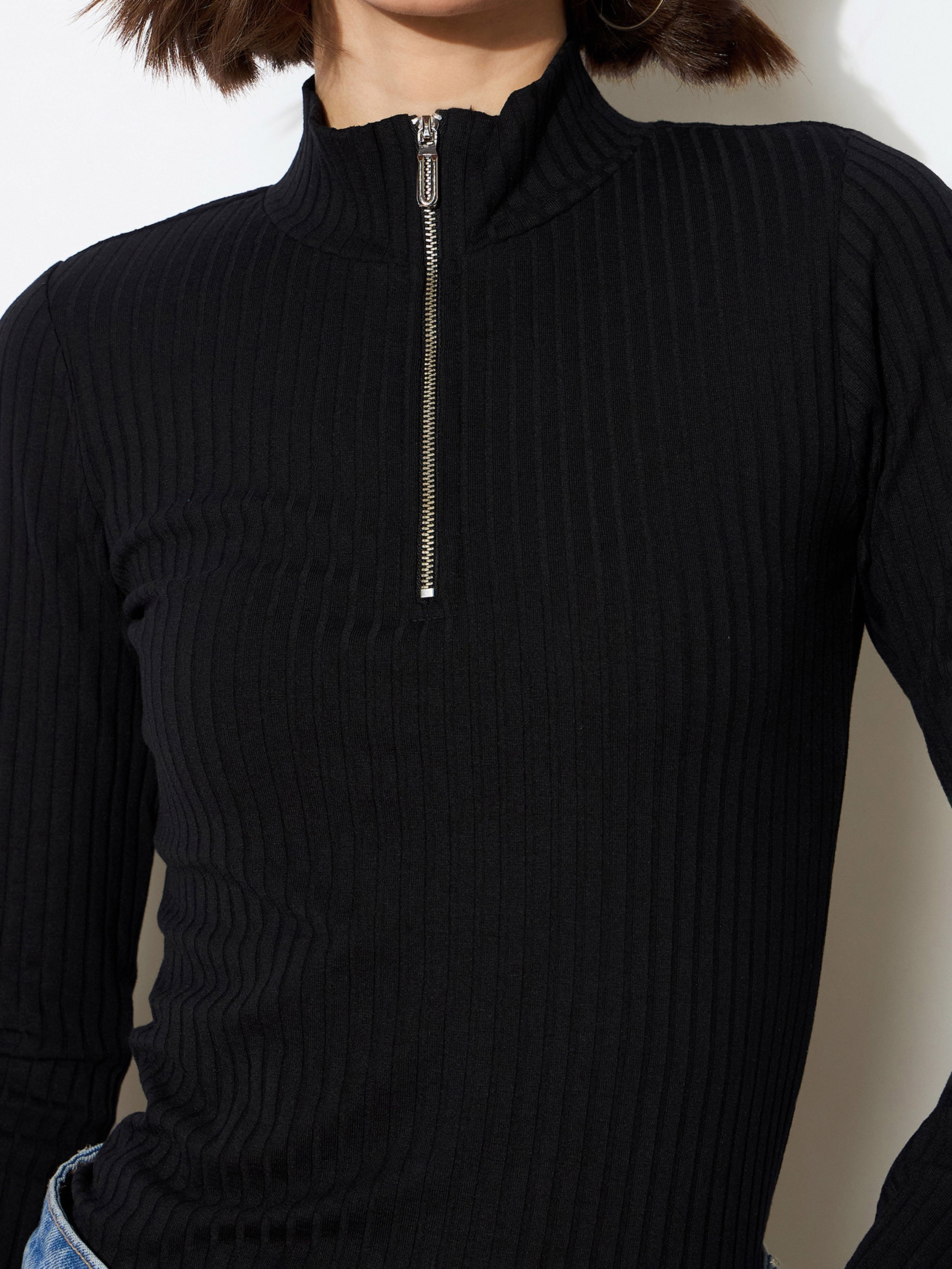 Women's Black Rib Half Zipper Full Sleeves Top