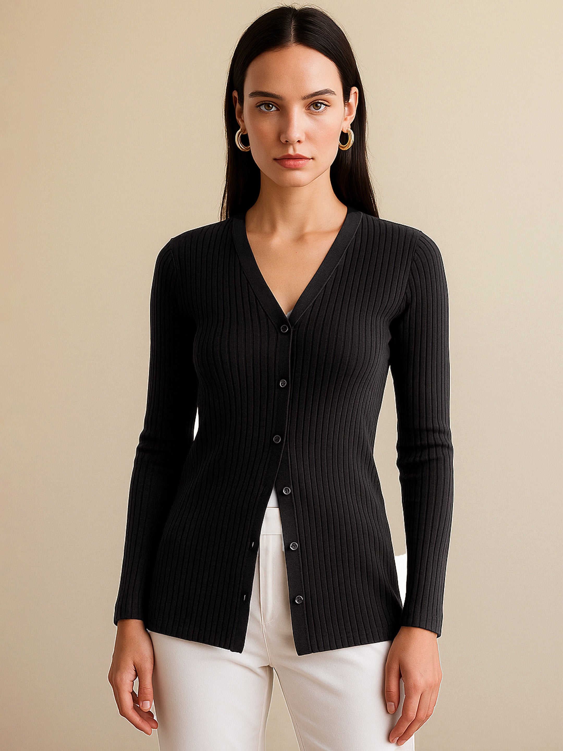 Women's Black Rib Front Button Top