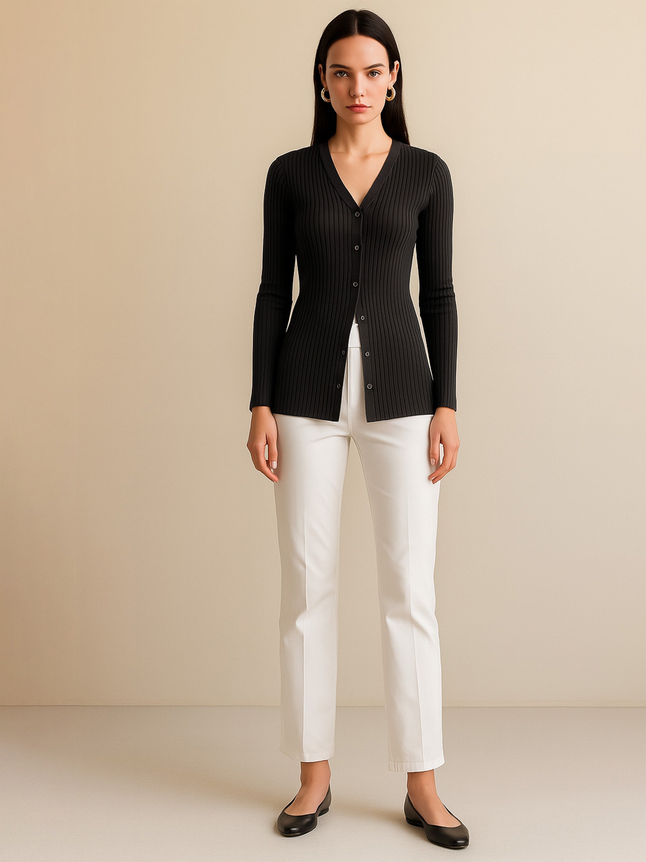 Women's Black Rib Front Button Top