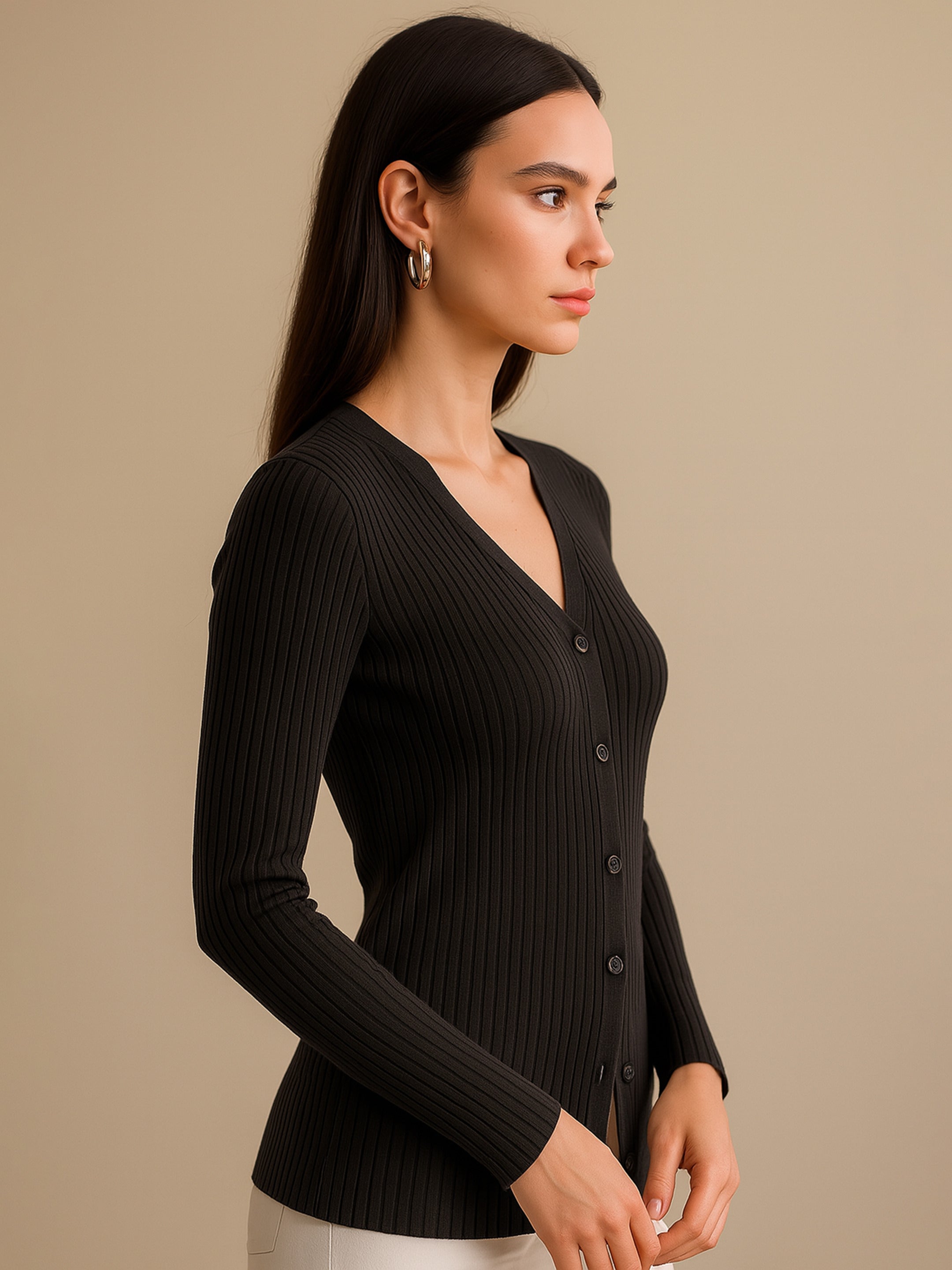 Women's Black Rib Front Button Top