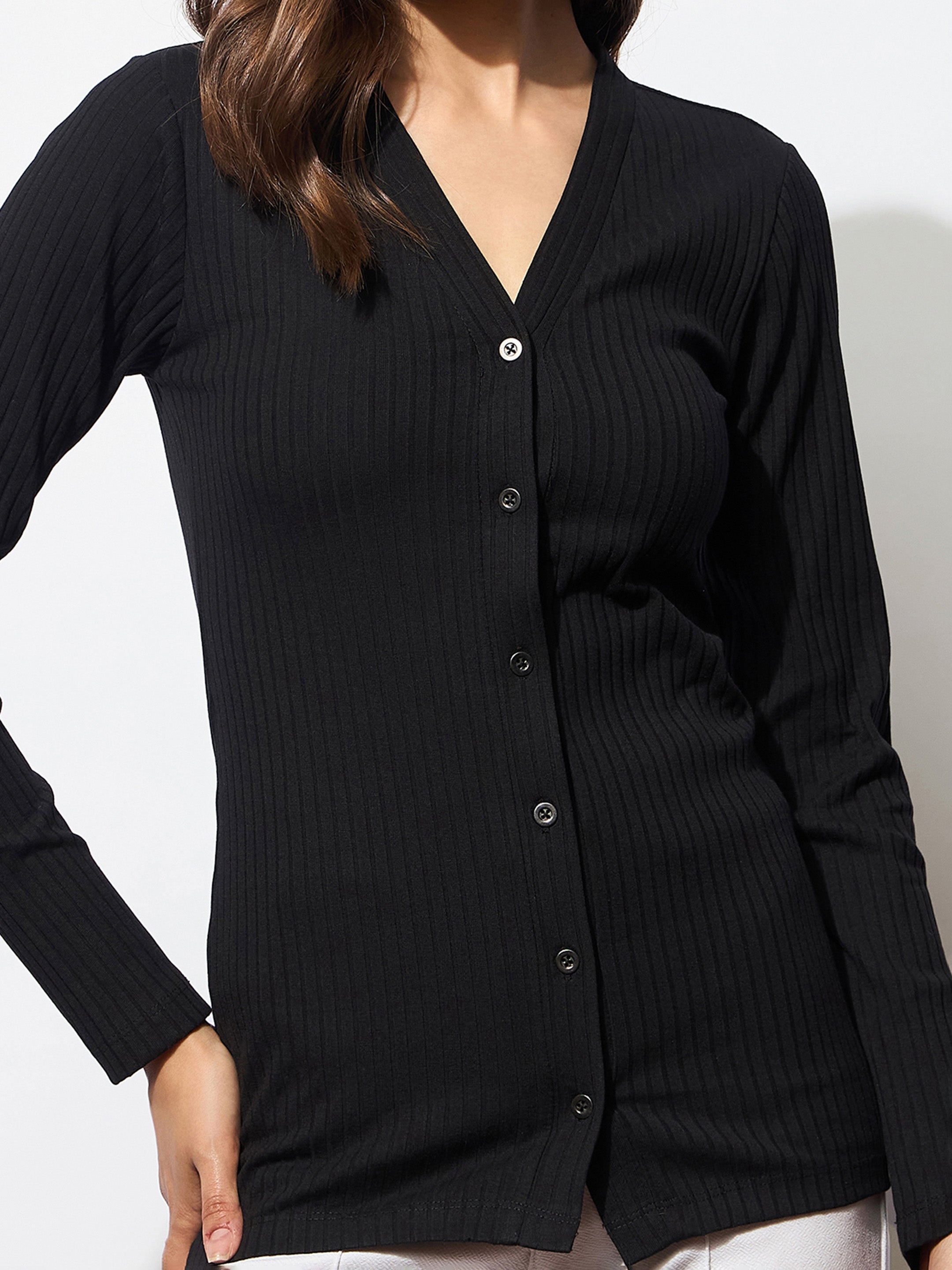 Women's Black Rib Front Button Top