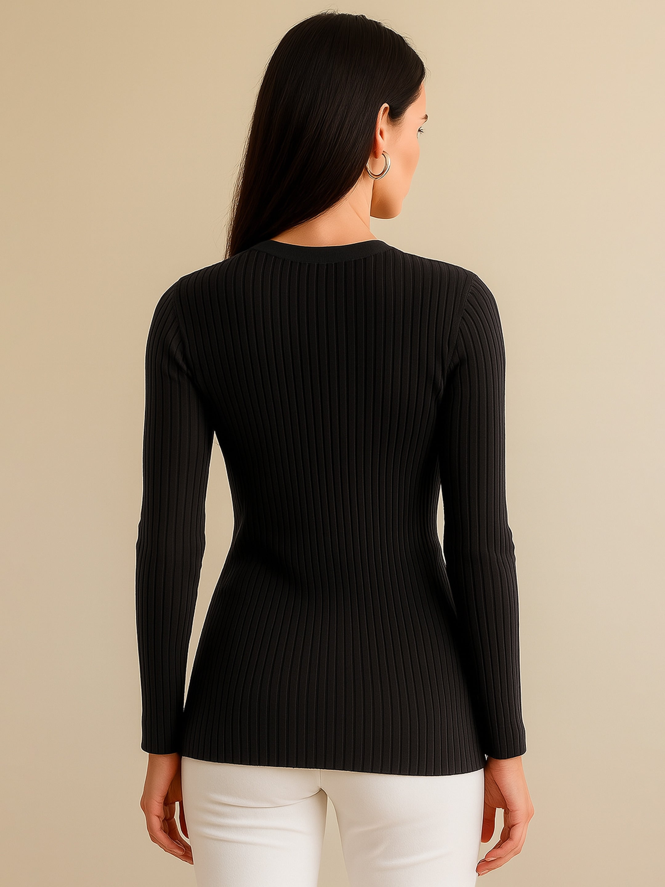 Women's Black Rib Front Button Top
