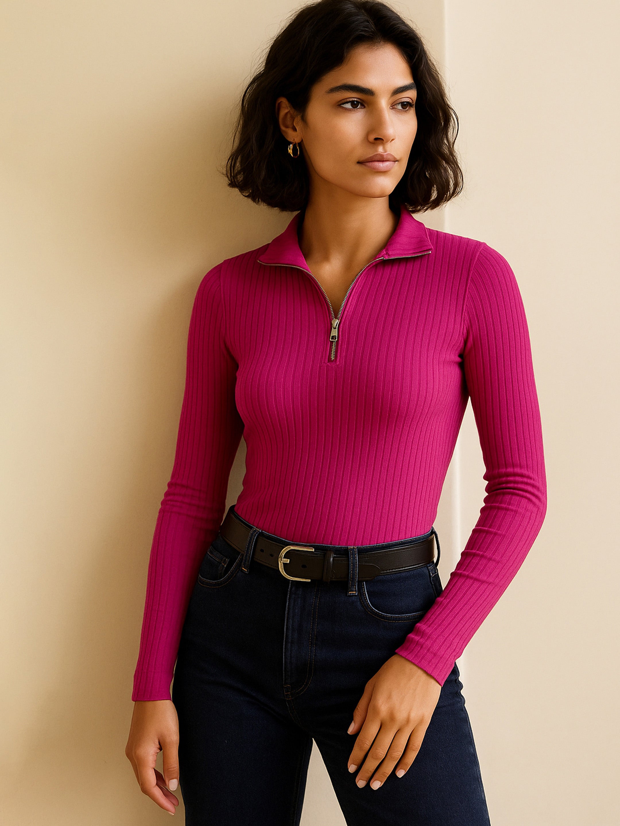 Women's Fuchsia Rib Half Zipper Full Sleeves Top