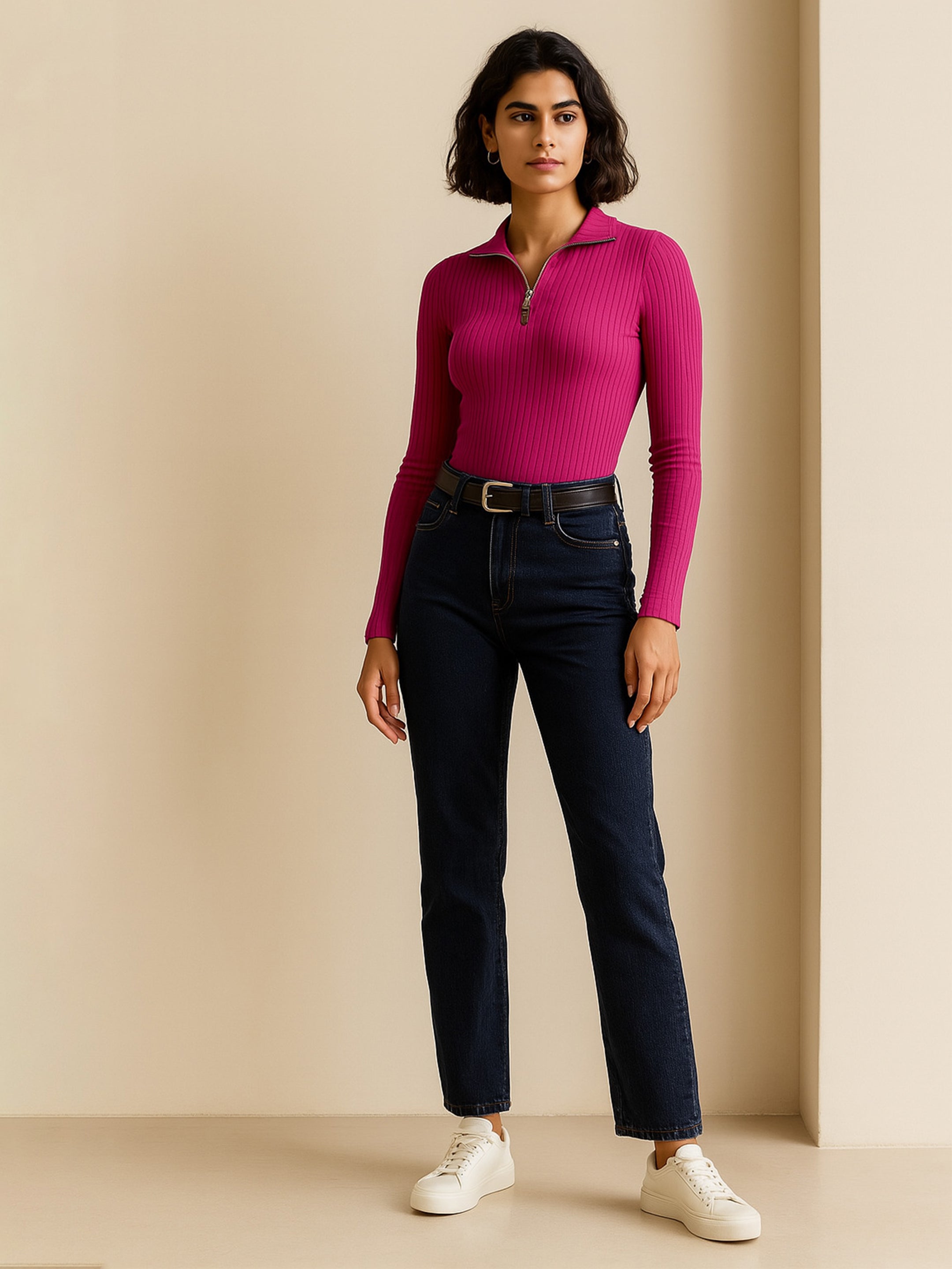 Women's Fuchsia Rib Half Zipper Full Sleeves Top