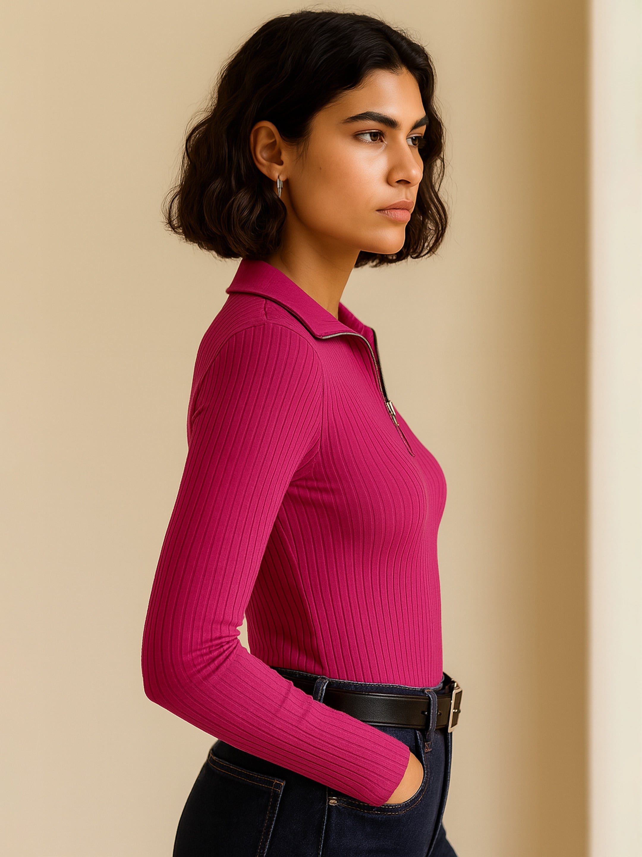 Women's Fuchsia Rib Half Zipper Full Sleeves Top