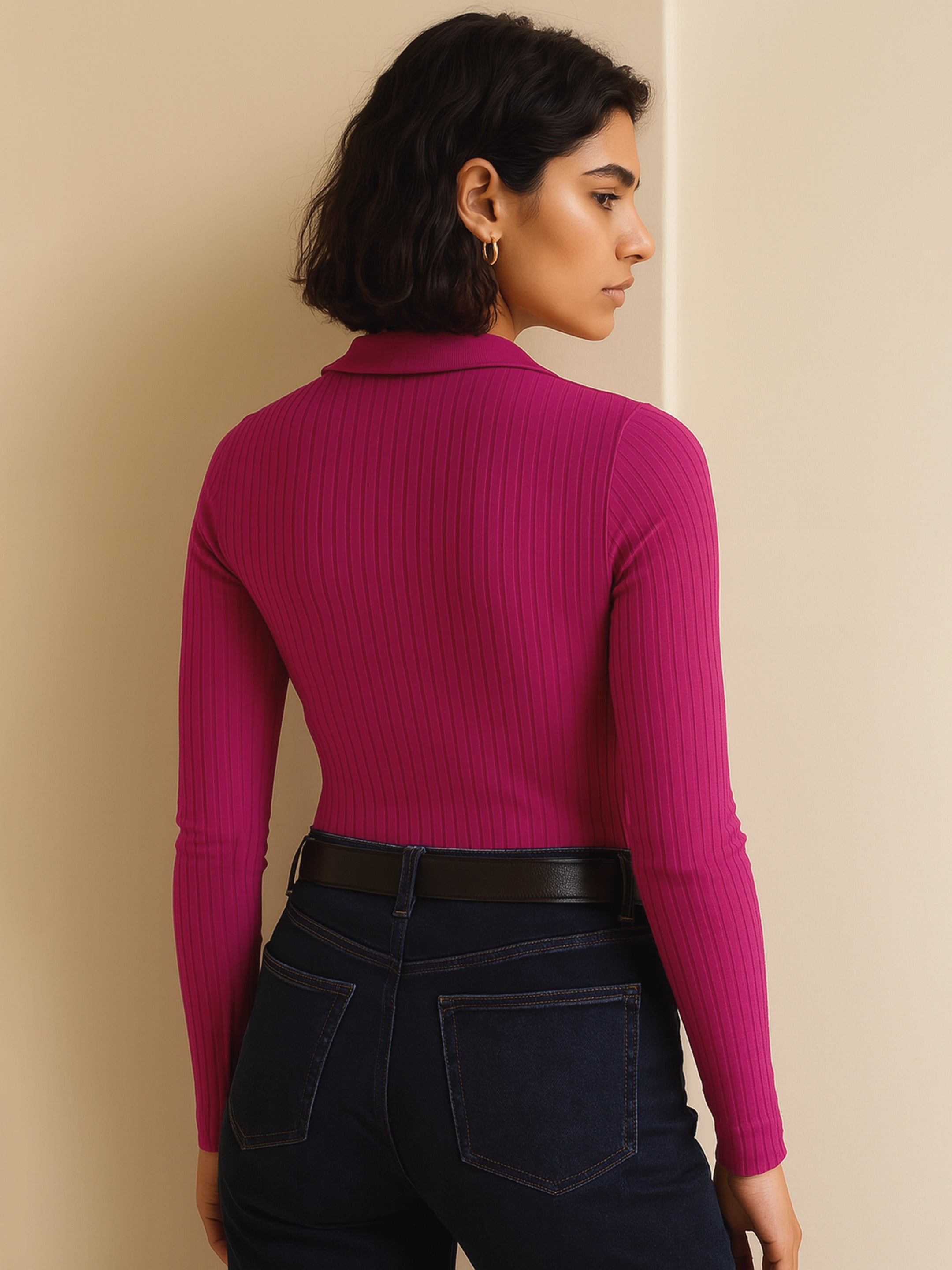 Women's Fuchsia Rib Half Zipper Full Sleeves Top