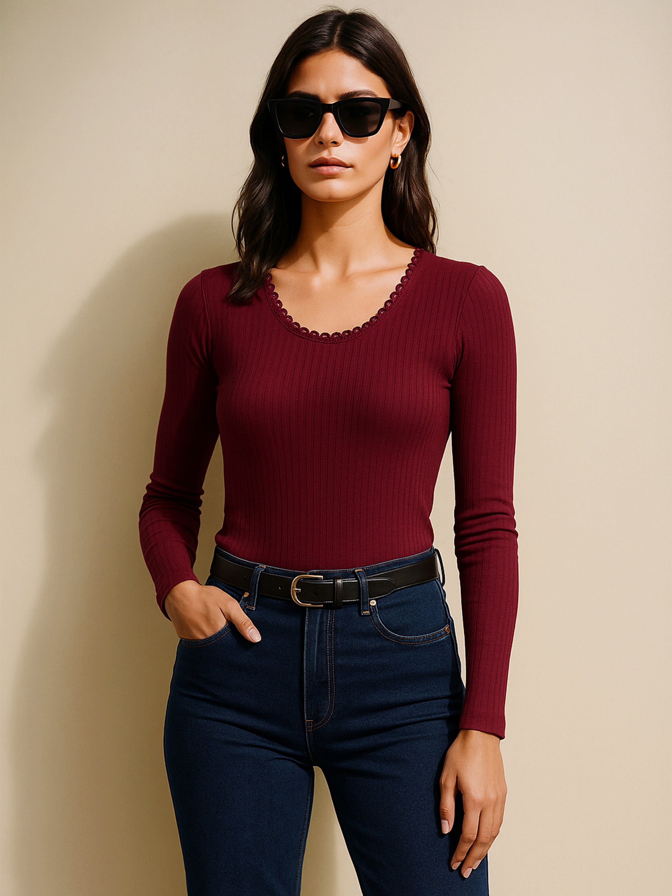 Women's Maroon Rib Round Neck Full Sleeves Lace Top