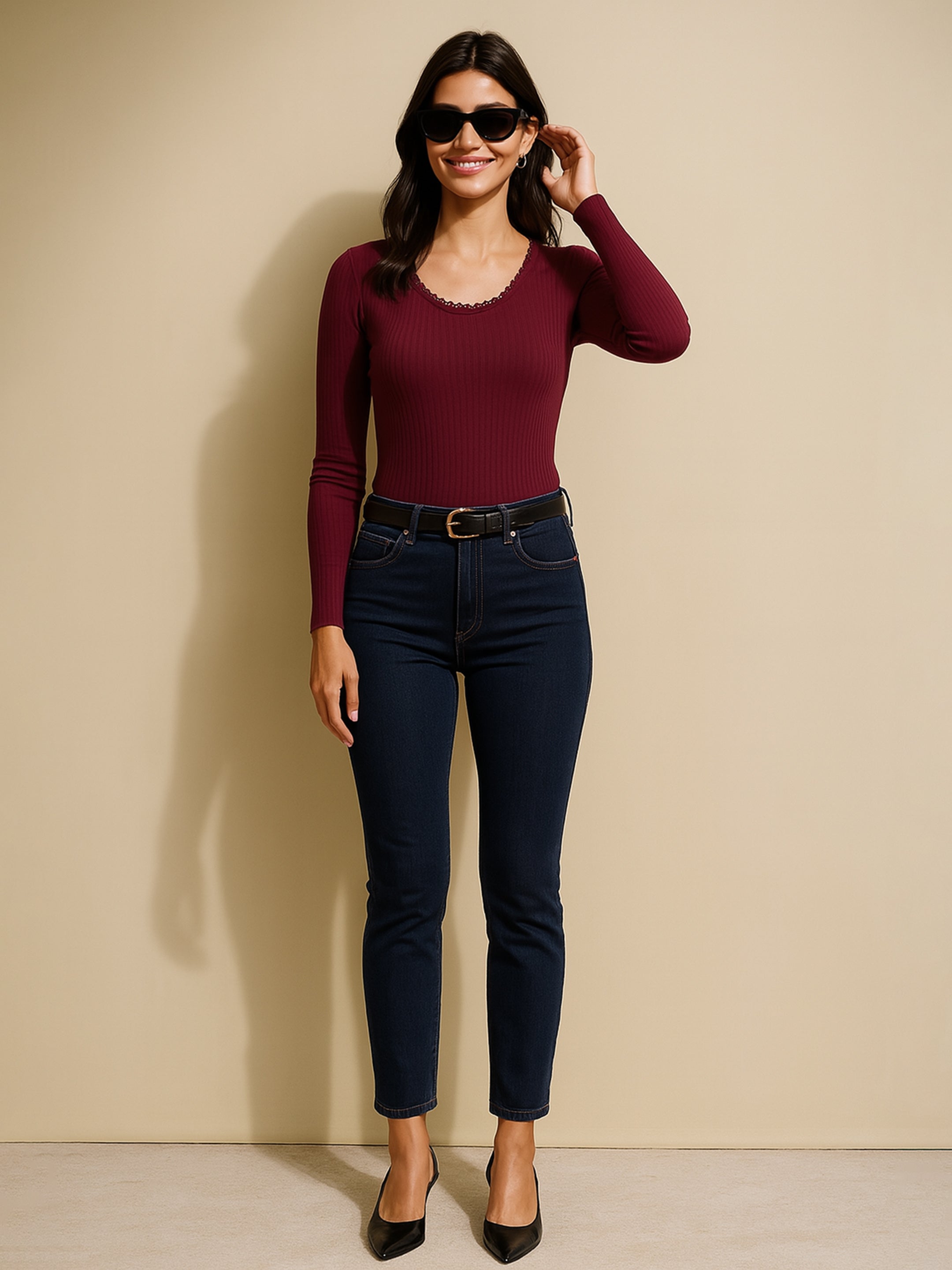 Women's Maroon Rib Round Neck Full Sleeves Lace Top