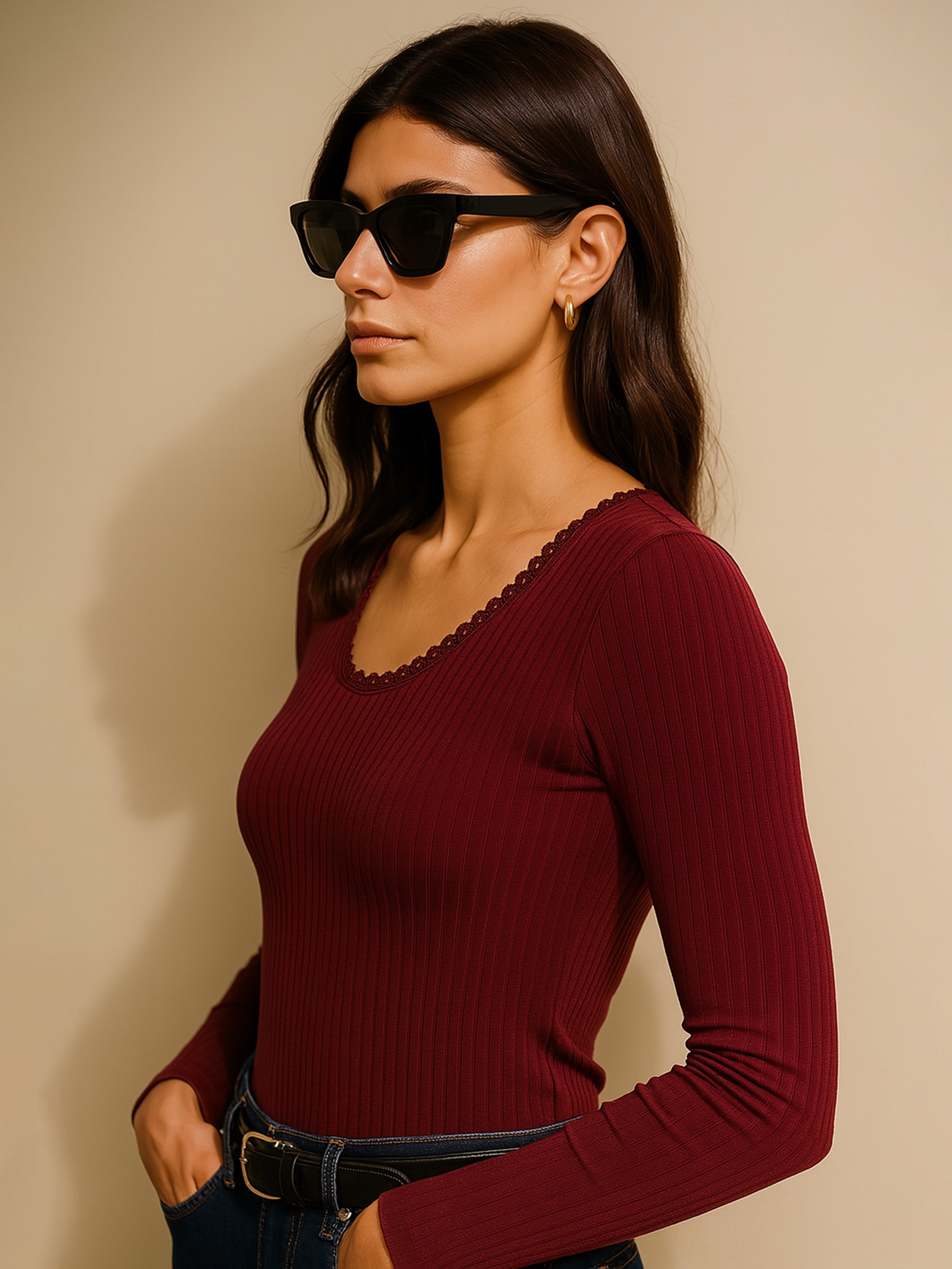 Women's Maroon Rib Round Neck Full Sleeves Lace Top