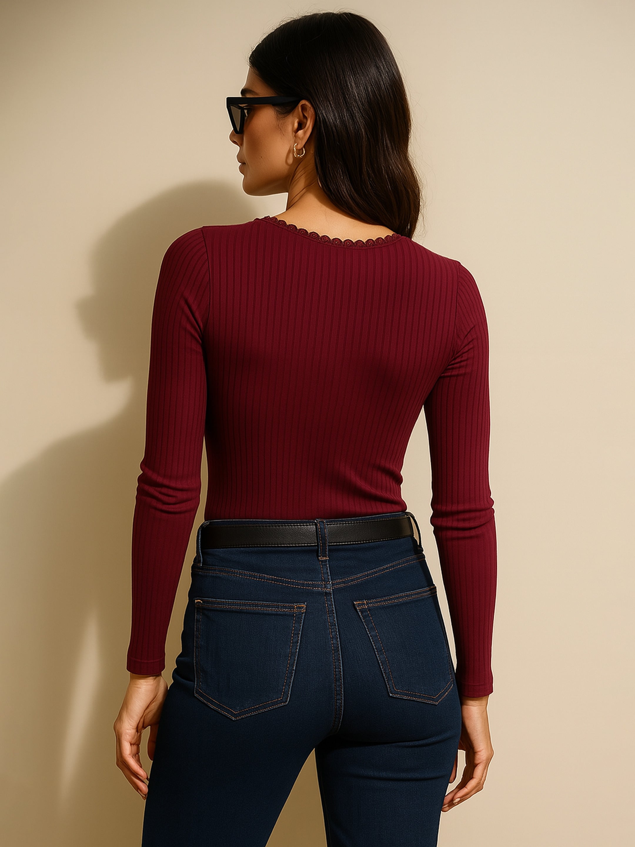 Women's Maroon Rib Round Neck Full Sleeves Lace Top