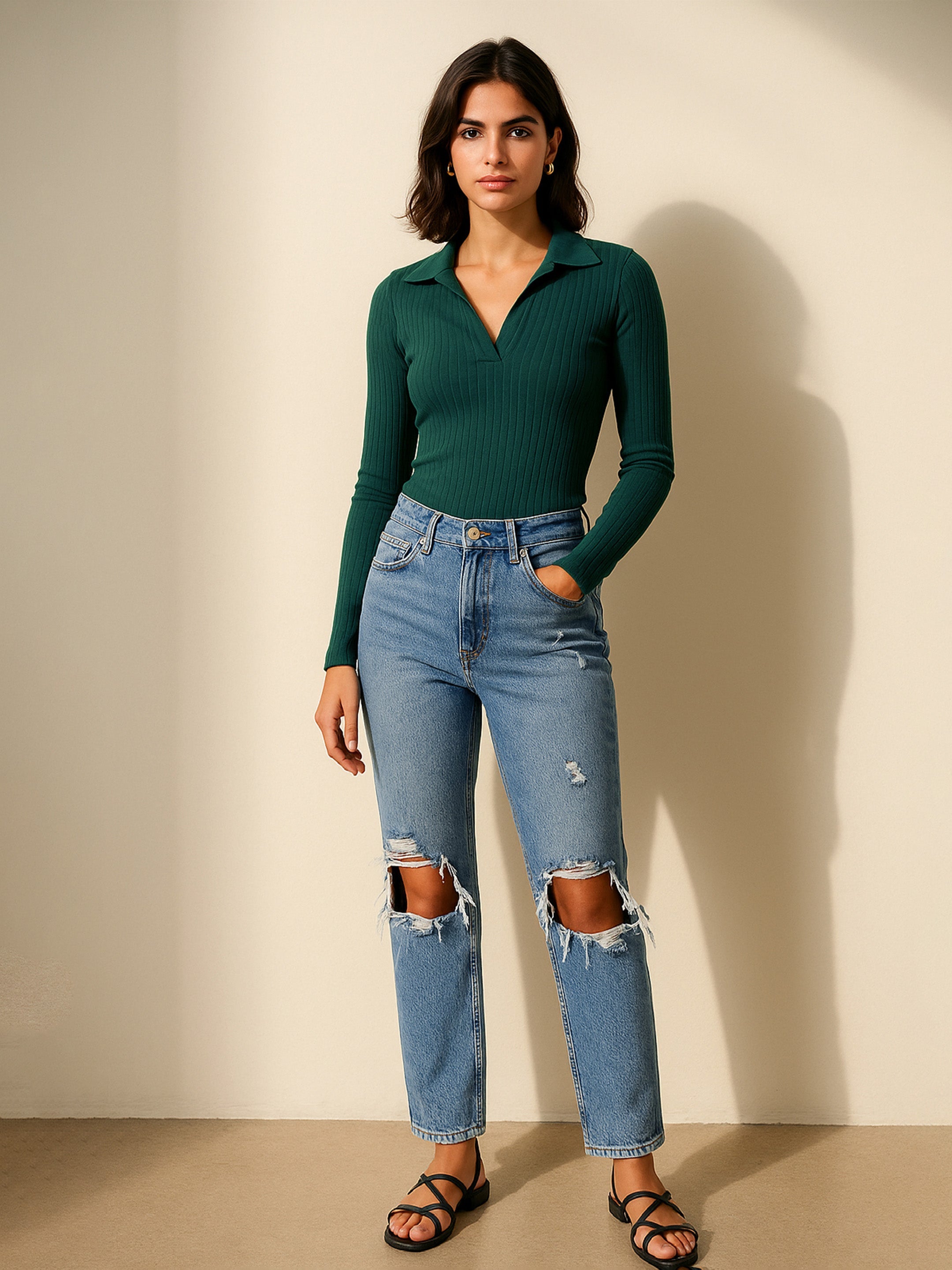 Women's Emerald Rib Polo Style V-Neck Neck Top