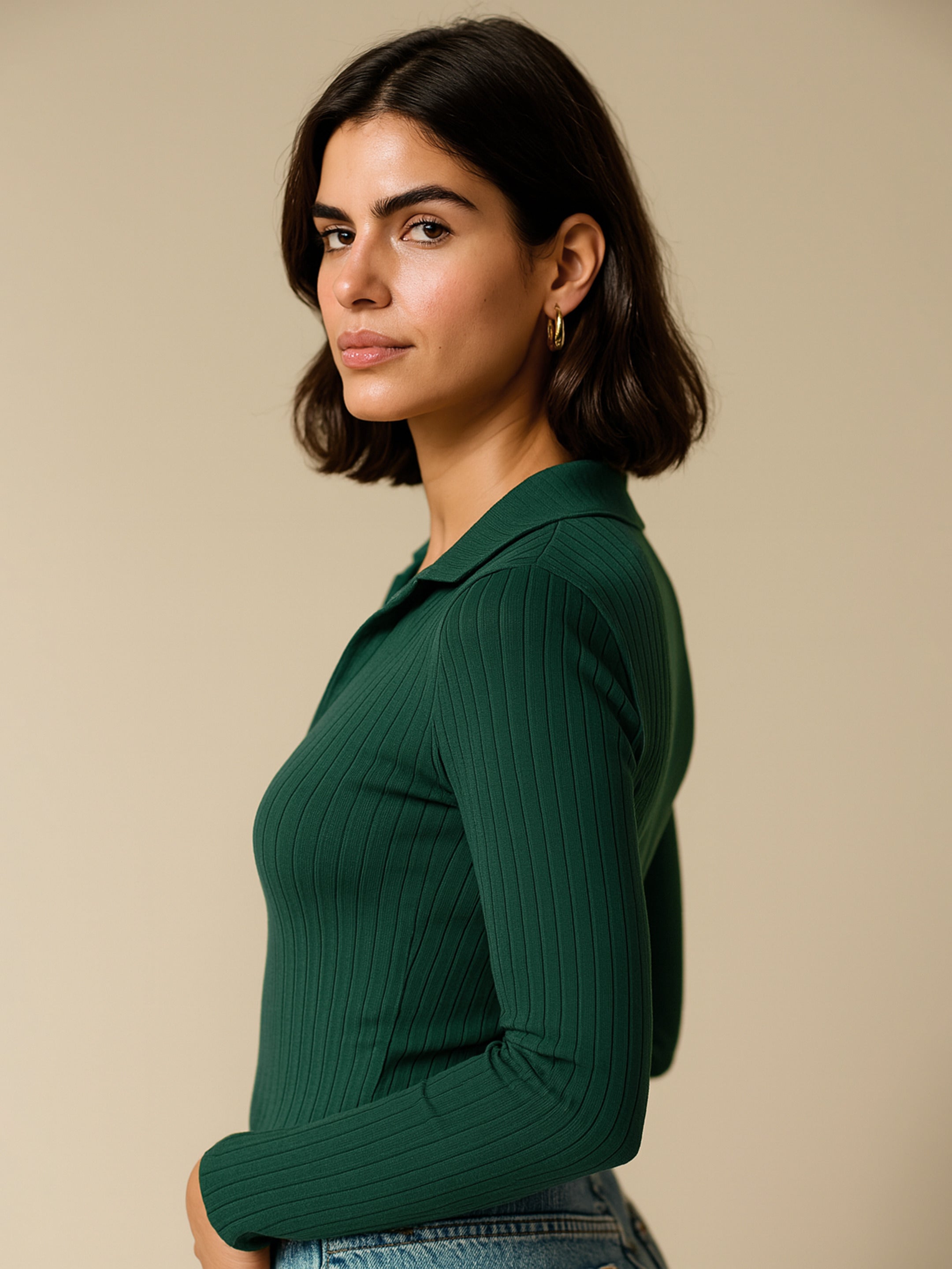 Women's Emerald Rib Polo Style V-Neck Neck Top