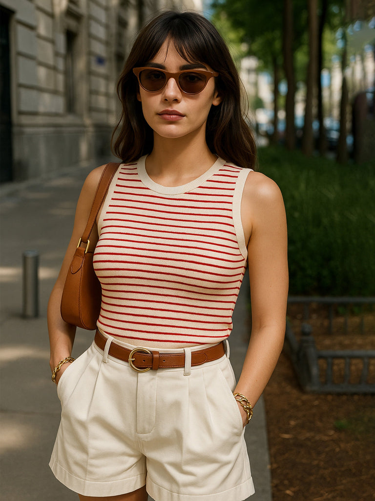 Women's Red & Beige Stripes Sleeveless Crop Baby Tee
