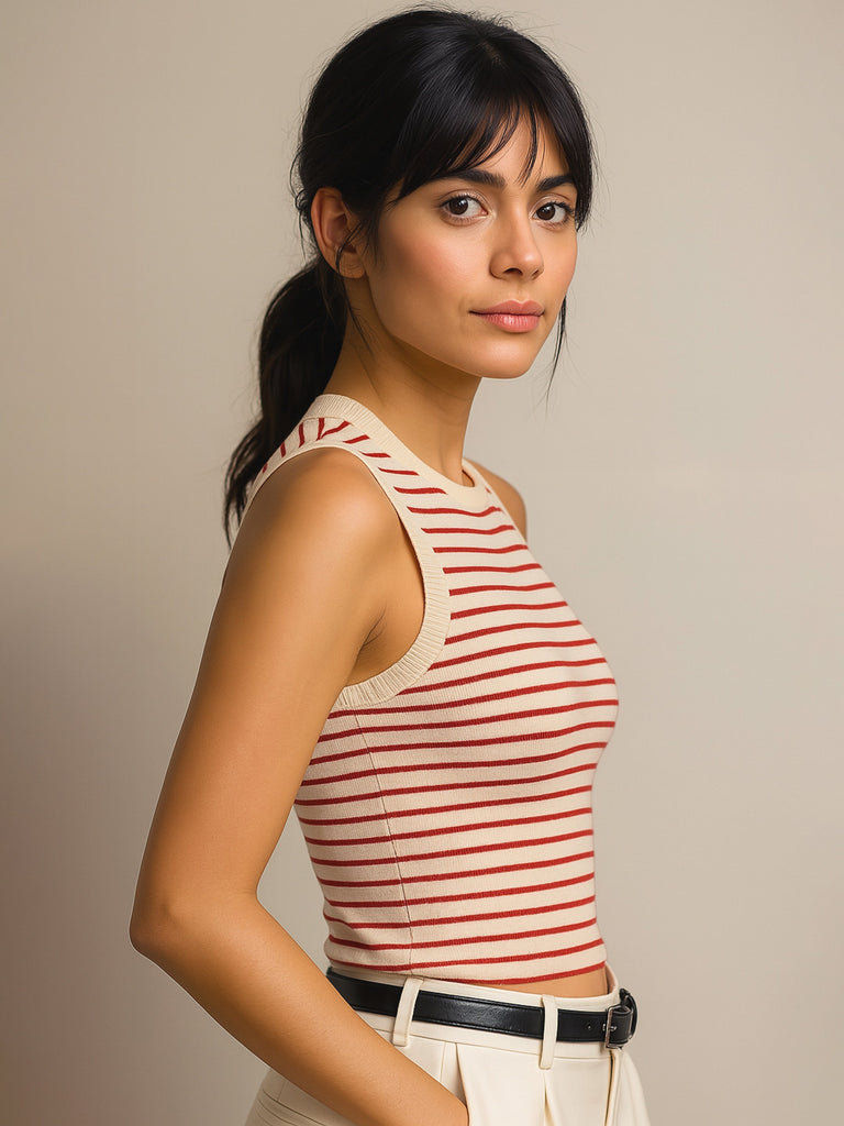 Women's Red & Beige Stripes Sleeveless Crop Baby Tee