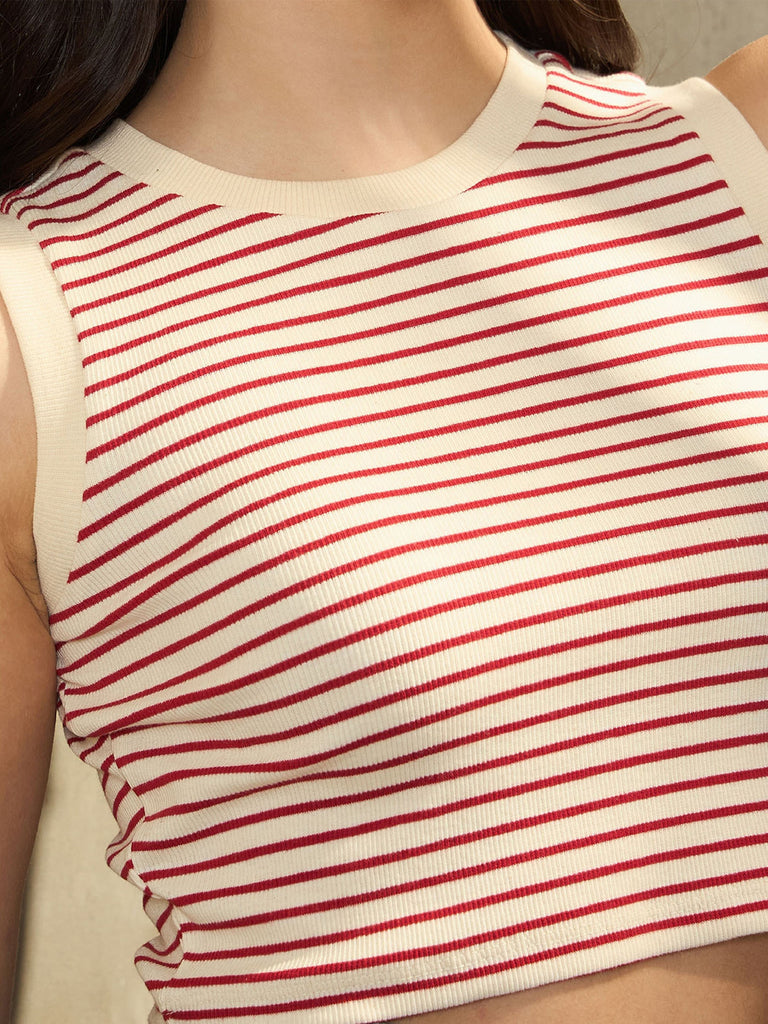 Women's Red & Beige Stripes Sleeveless Crop Baby Tee
