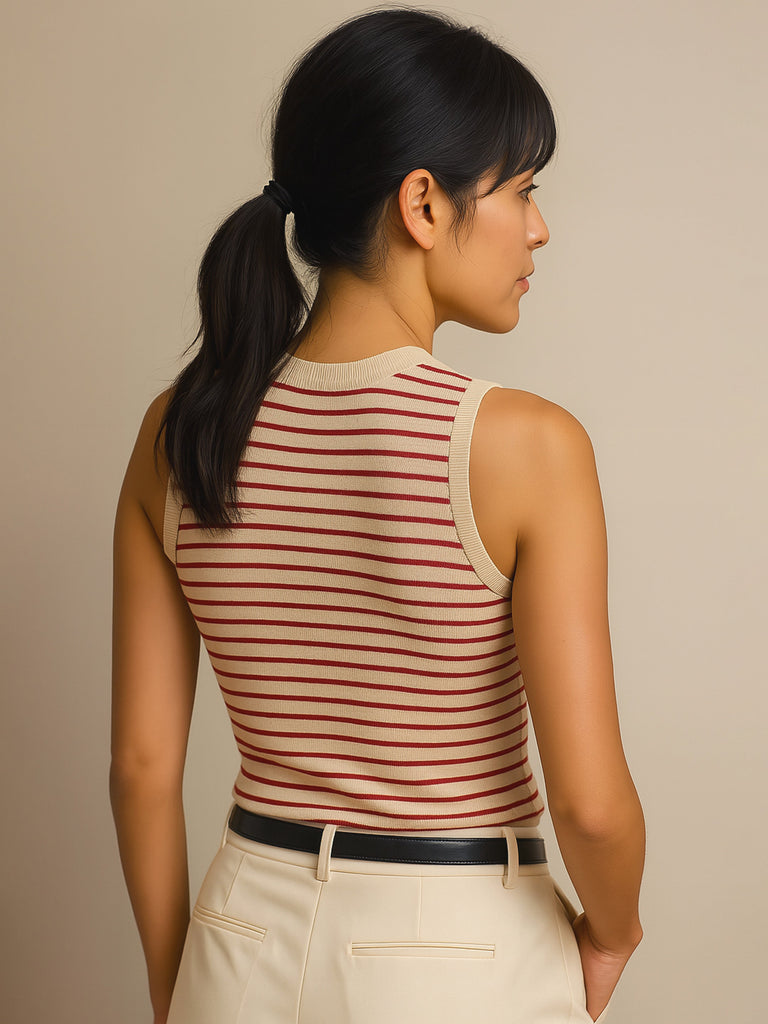 Women's Red & Beige Stripes Sleeveless Crop Baby Tee