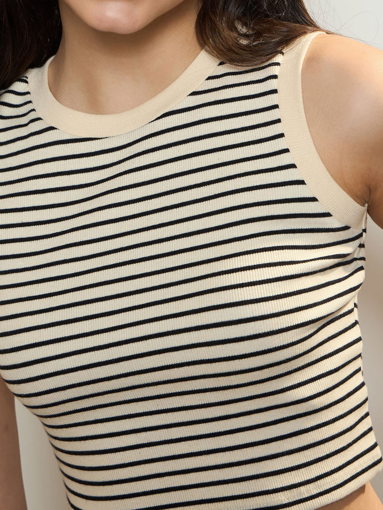 Women's Black & Beige Stripes Sleeveless Crop Baby Tee