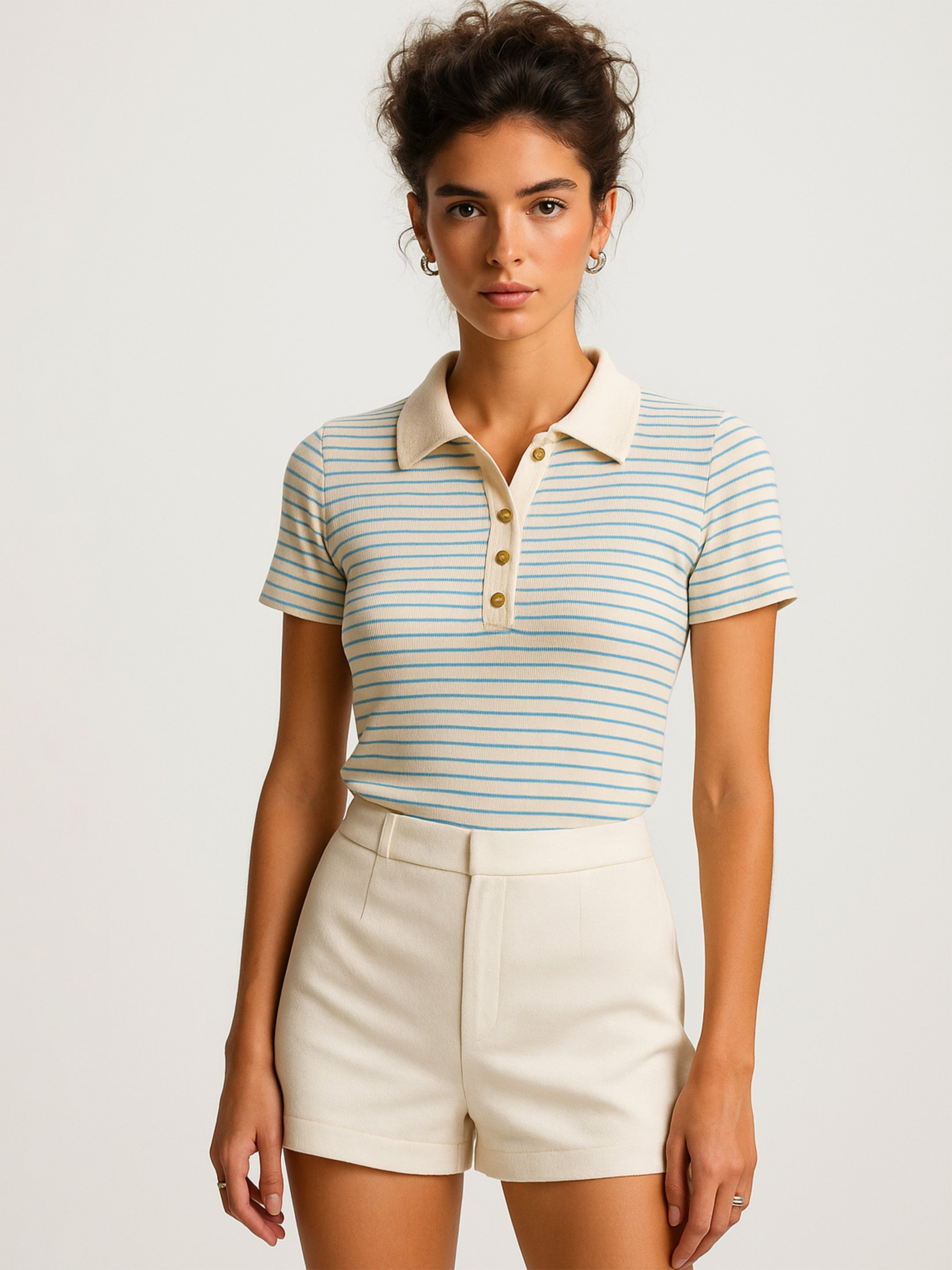 Women's Blue & Beige Rib Stripes Polo T-Shirt