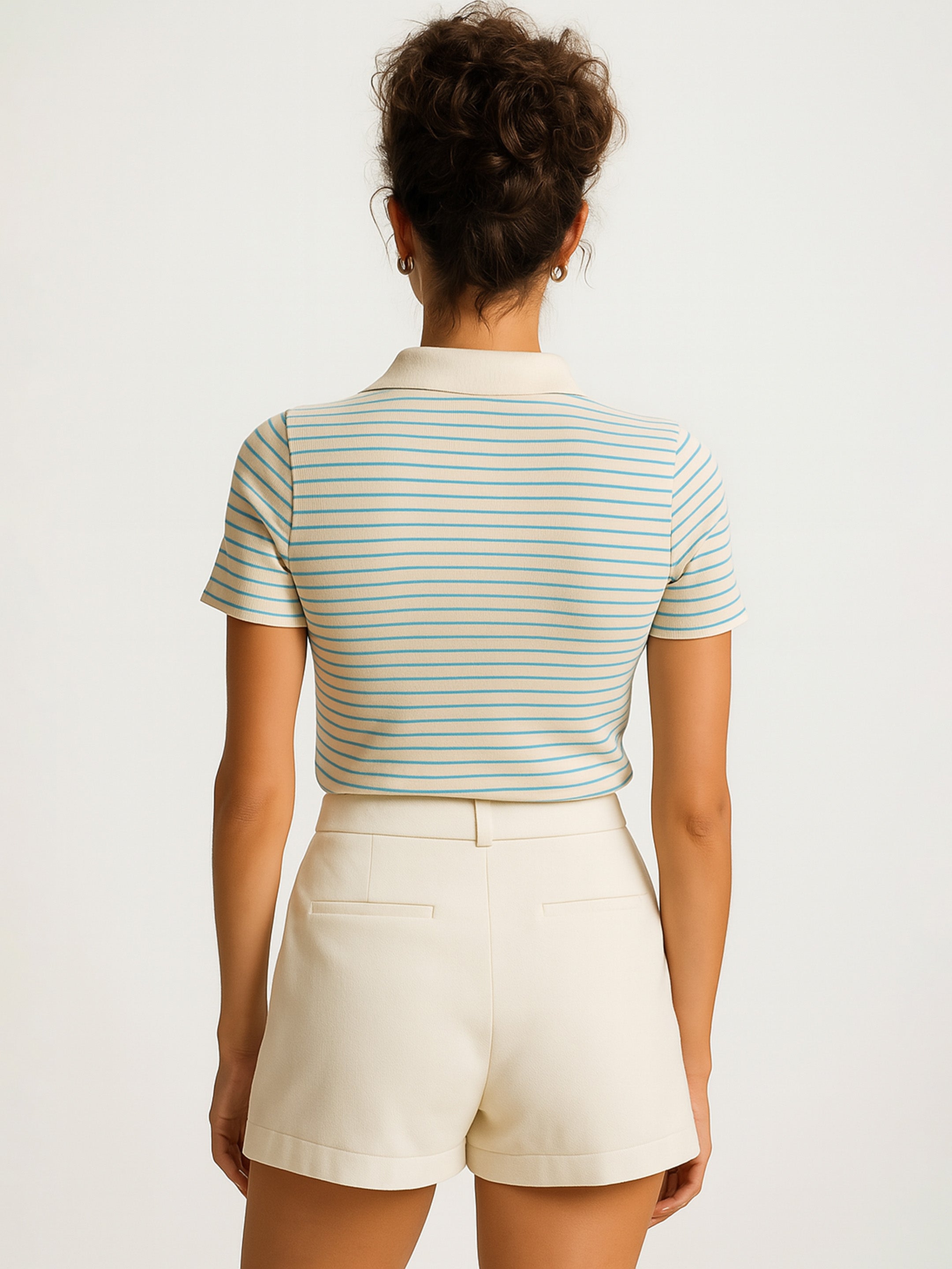 Women's Blue & Beige Rib Stripes Polo T-Shirt