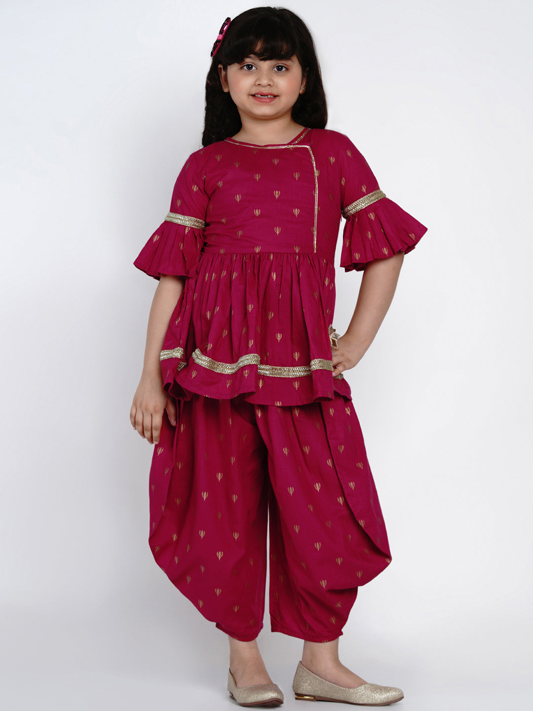 Girl's Pink  Printed  Angrakha Style Kurti With Dhoti Pants - Bitiya By Bhama