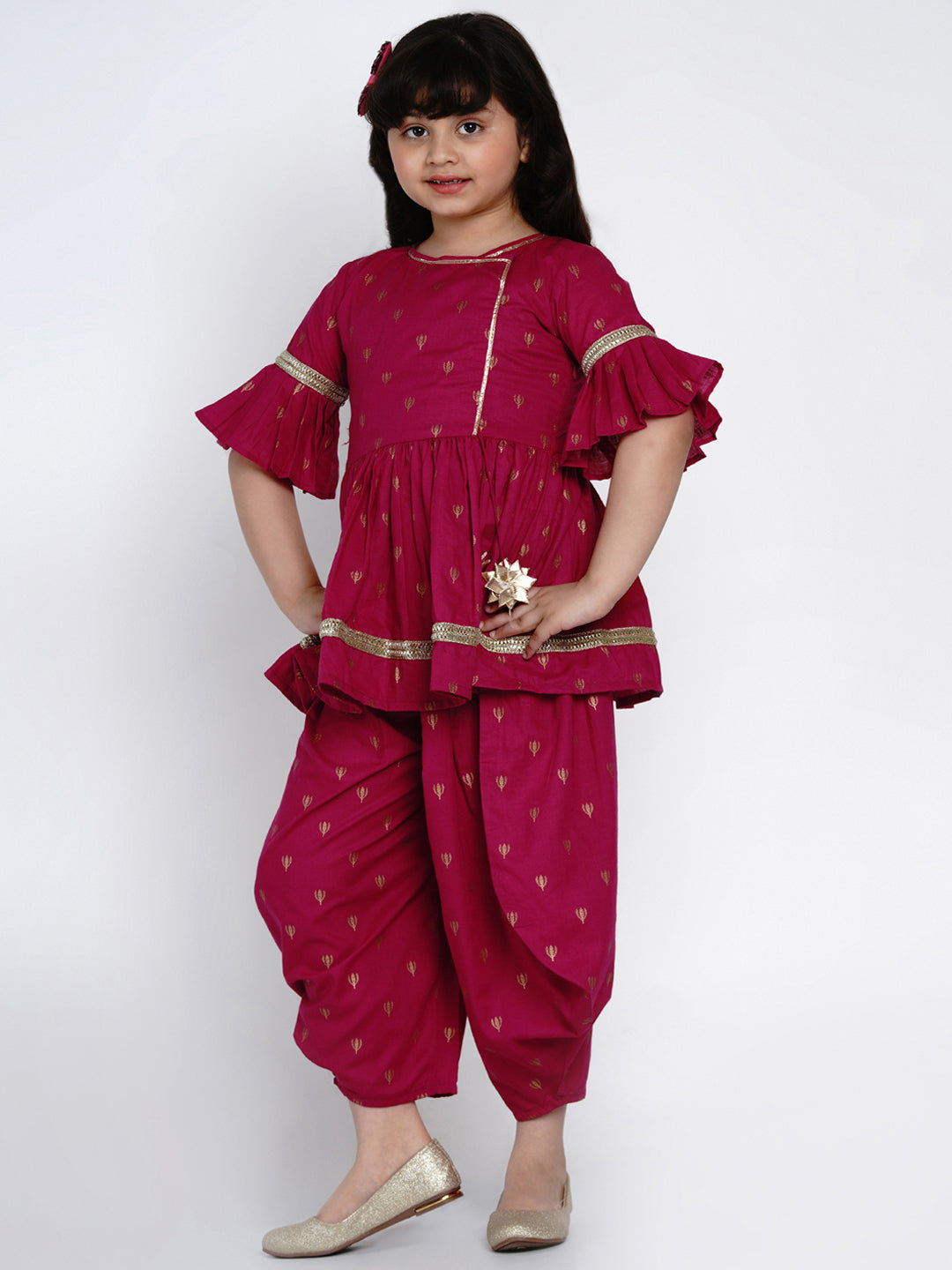 Girl's Pink  Printed  Angrakha Style Kurti With Dhoti Pants - Bitiya By Bhama