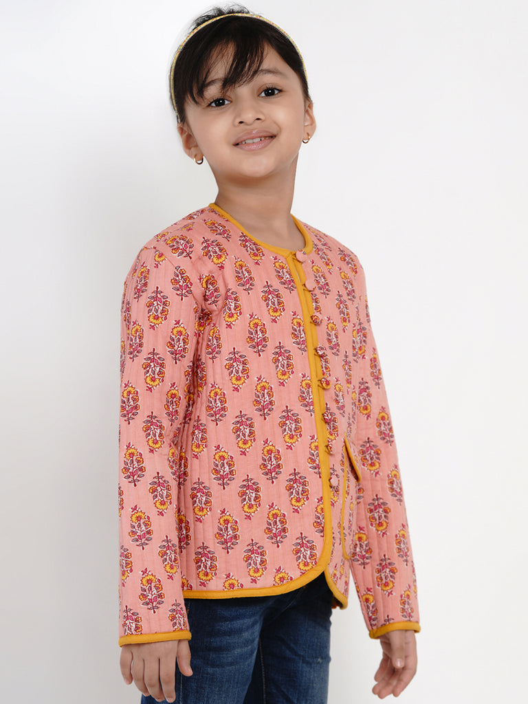 Girls Peach & Mustard Yellow Printed Open Front Jacket